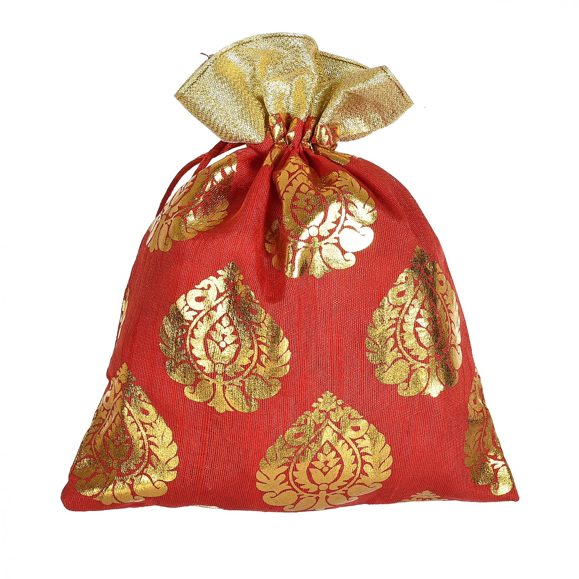 Kuber Industries Leaf Design  Drawstring Potli Bag Party Wedding Favor Gift Jewelry Bags-(Red)