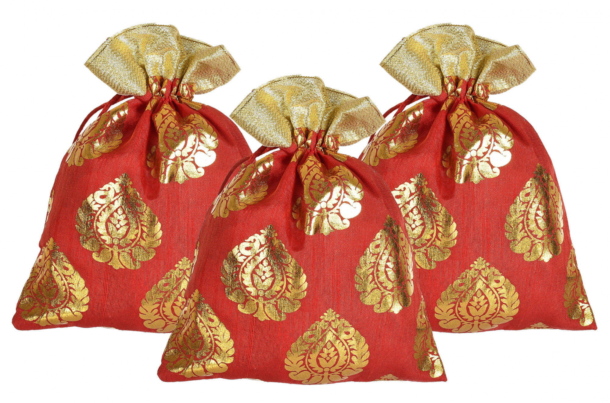 Kuber Industries Leaf Design  Drawstring Potli Bag Party Wedding Favor Gift Jewelry Bags-(Red)