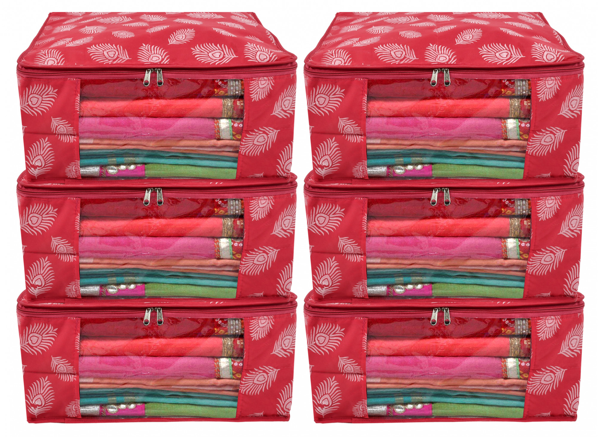 Kuber Industries Leaf Printed Saree Cover/Clothes Organiser For Wardrobe With Transparent Window,(Pink)