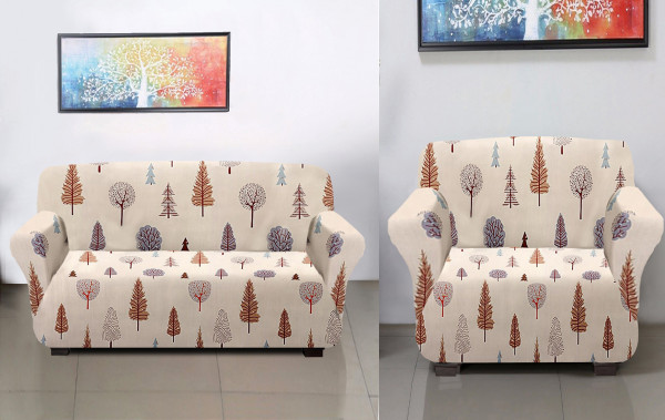 Kuber Industries Leaf Printed Stretchable, Non-Slip Polyster Single Seater  Sofa Cover/Slipcover/Protector With Foam Stick (Cream)