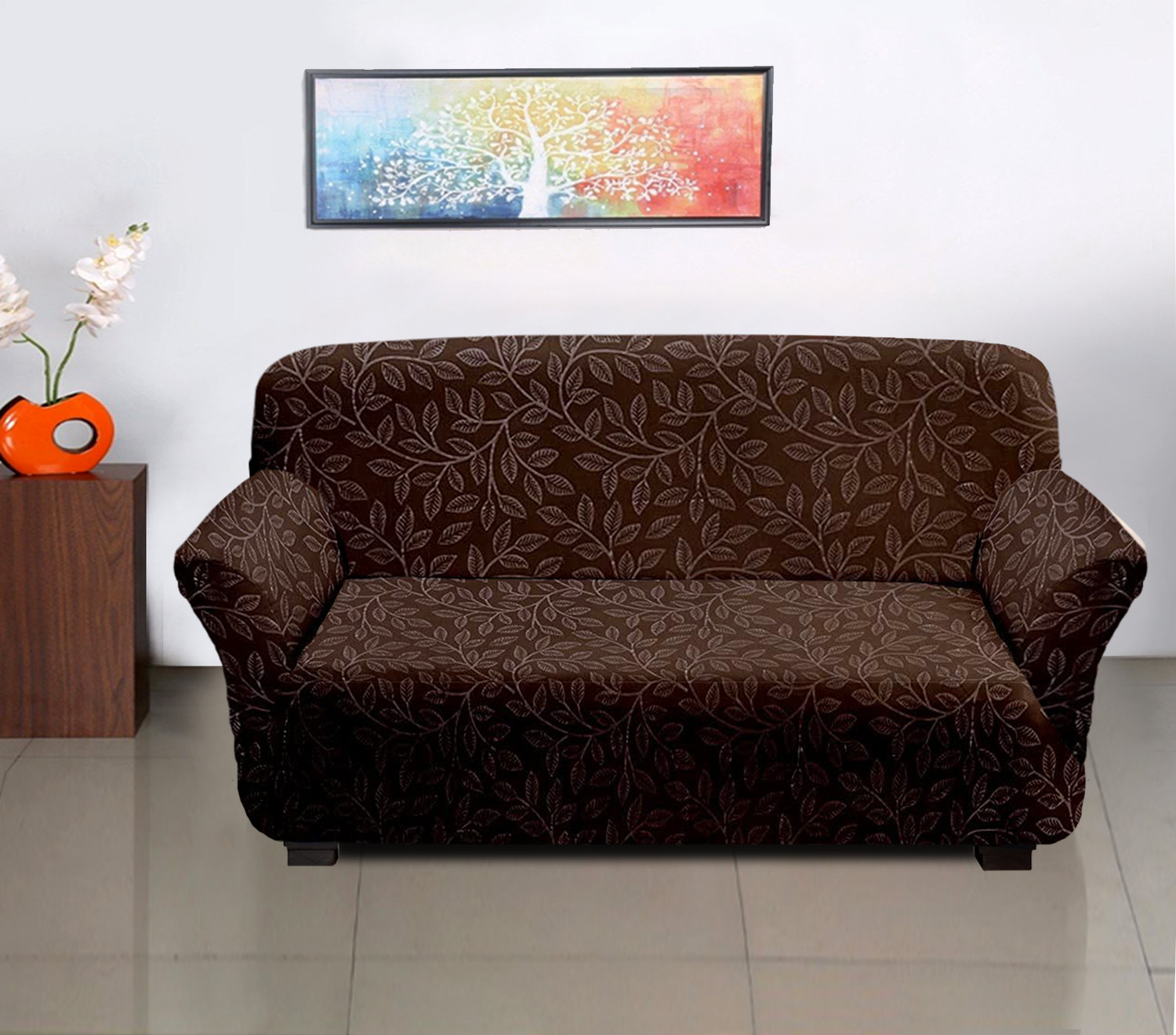 Kuber Industries Leaf Printed Stretchable, Non-Slip Polyster 3 Seater Sofa Cover/Slipcover/Protector With Foam Stick (Brown)