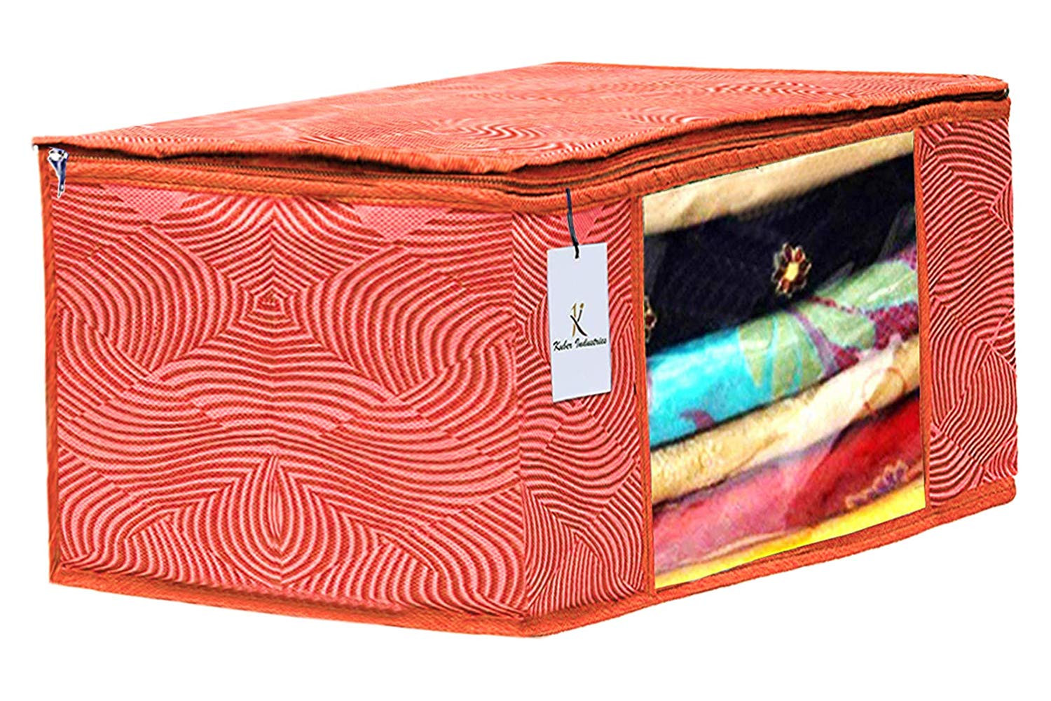 Kuber Industries Leheriya Printed Non Woven Fabric Saree Cover Set with Transparent Window, Extra Large, Orange & Blue -CTKTC40793