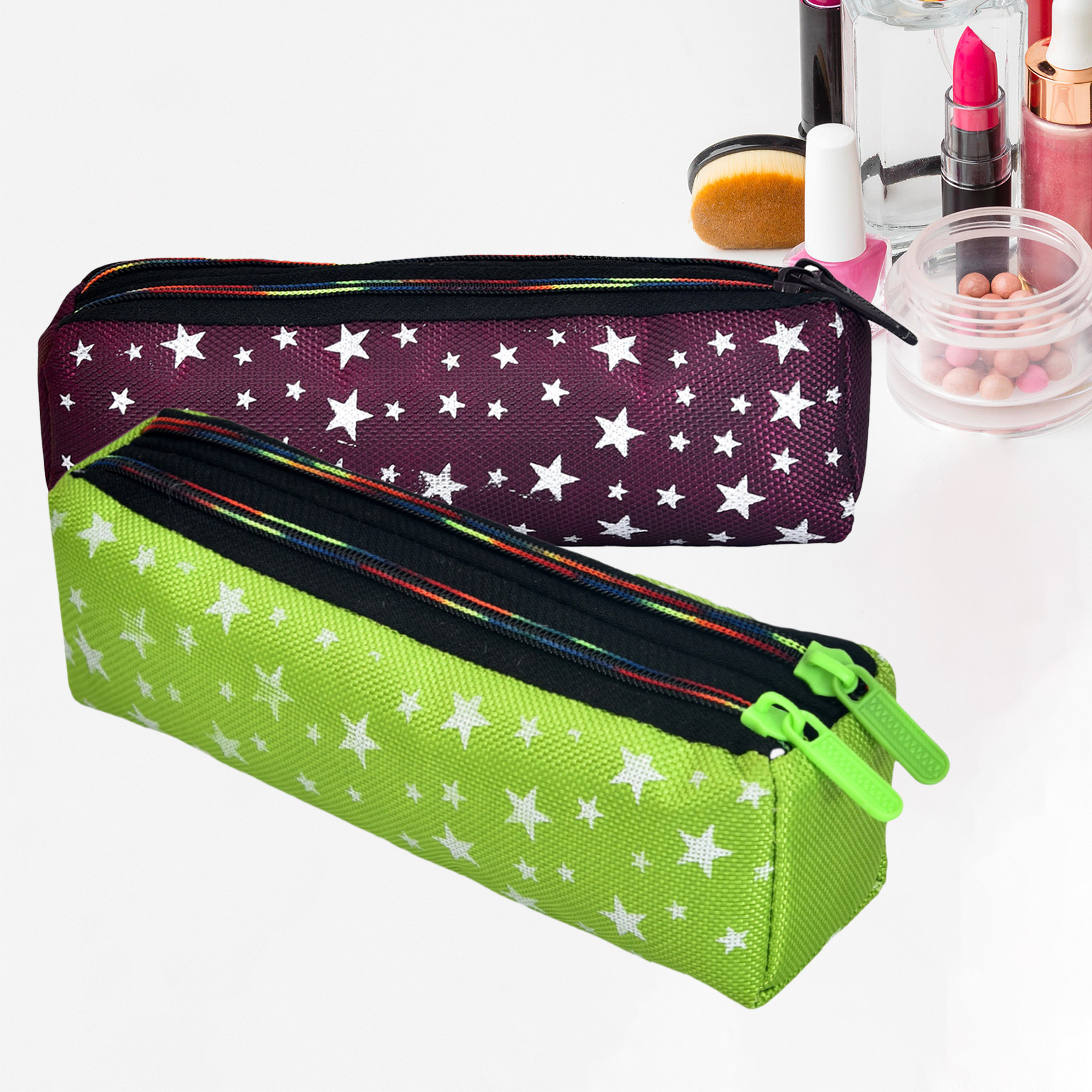 Kuber Industries Makeup Pouch | Rexine Cosmetic Pouch | Jewellery Utility Pouch | Toiletry Pouch for Girls | Travel Makeup Pouch for Girls | Storage Makeup Bag | Star Makeup Pouch | Pack of 2 | Multi