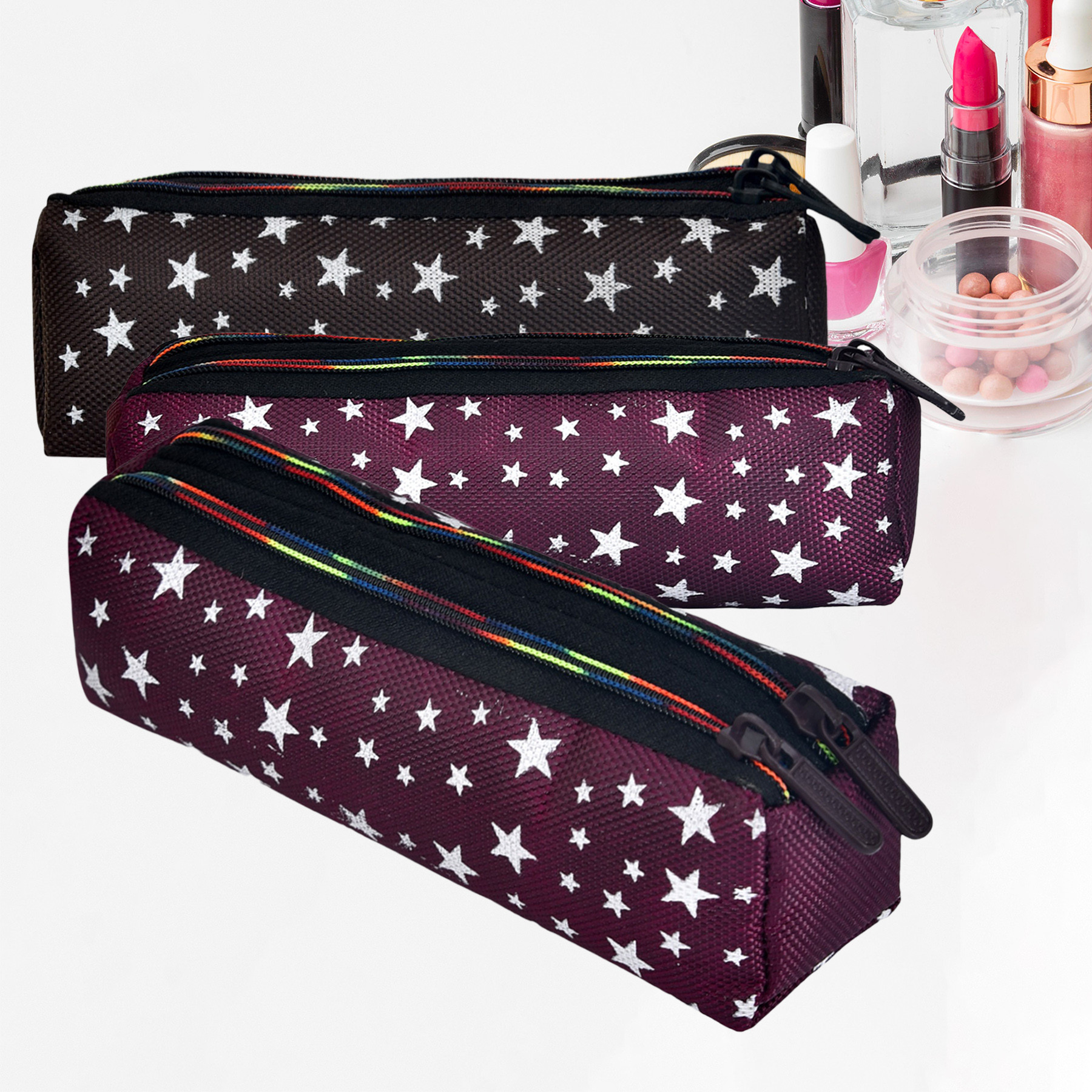 Kuber Industries Makeup Pouch | Rexine Cosmetic Pouch | Jewellery Utility Pouch | Toiletry Pouch for Girls | Travel Makeup Pouch for Girls | Storage Makeup Bag | Star Makeup Pouch | Pack of 3 | Multi