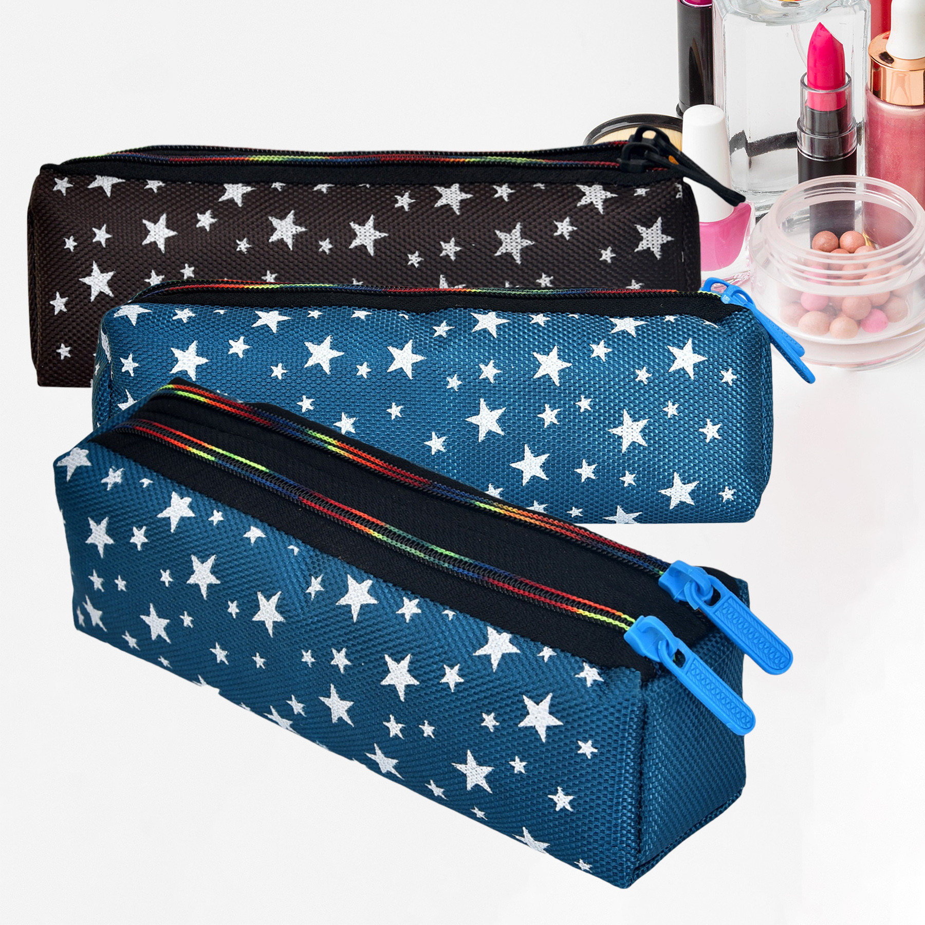 Kuber Industries Makeup Pouch | Rexine Cosmetic Pouch | Jewellery Utility Pouch | Toiletry Pouch for Girls | Travel Makeup Pouch for Girls | Storage Makeup Bag | Star Makeup Pouch | Pack of 3 | Multi