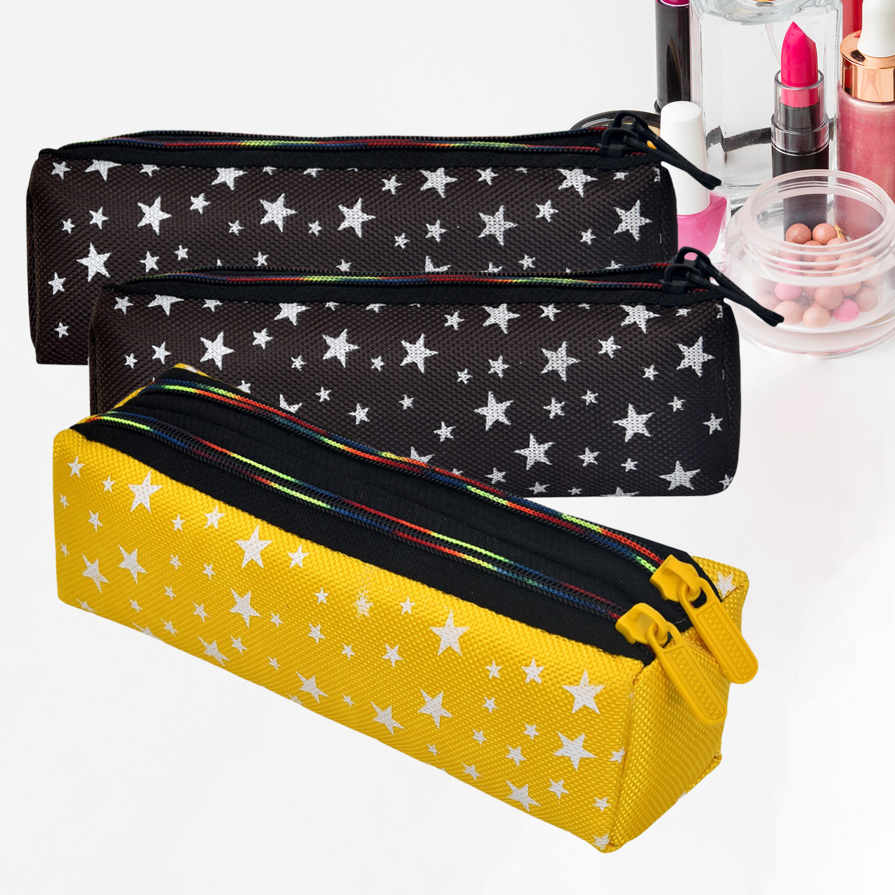 Kuber Industries Makeup Pouch | Rexine Cosmetic Pouch | Jewellery Utility Pouch | Toiletry Pouch for Girls | Travel Makeup Pouch for Girls | Storage Makeup Bag | Star Makeup Pouch | Pack of 3 | Multi