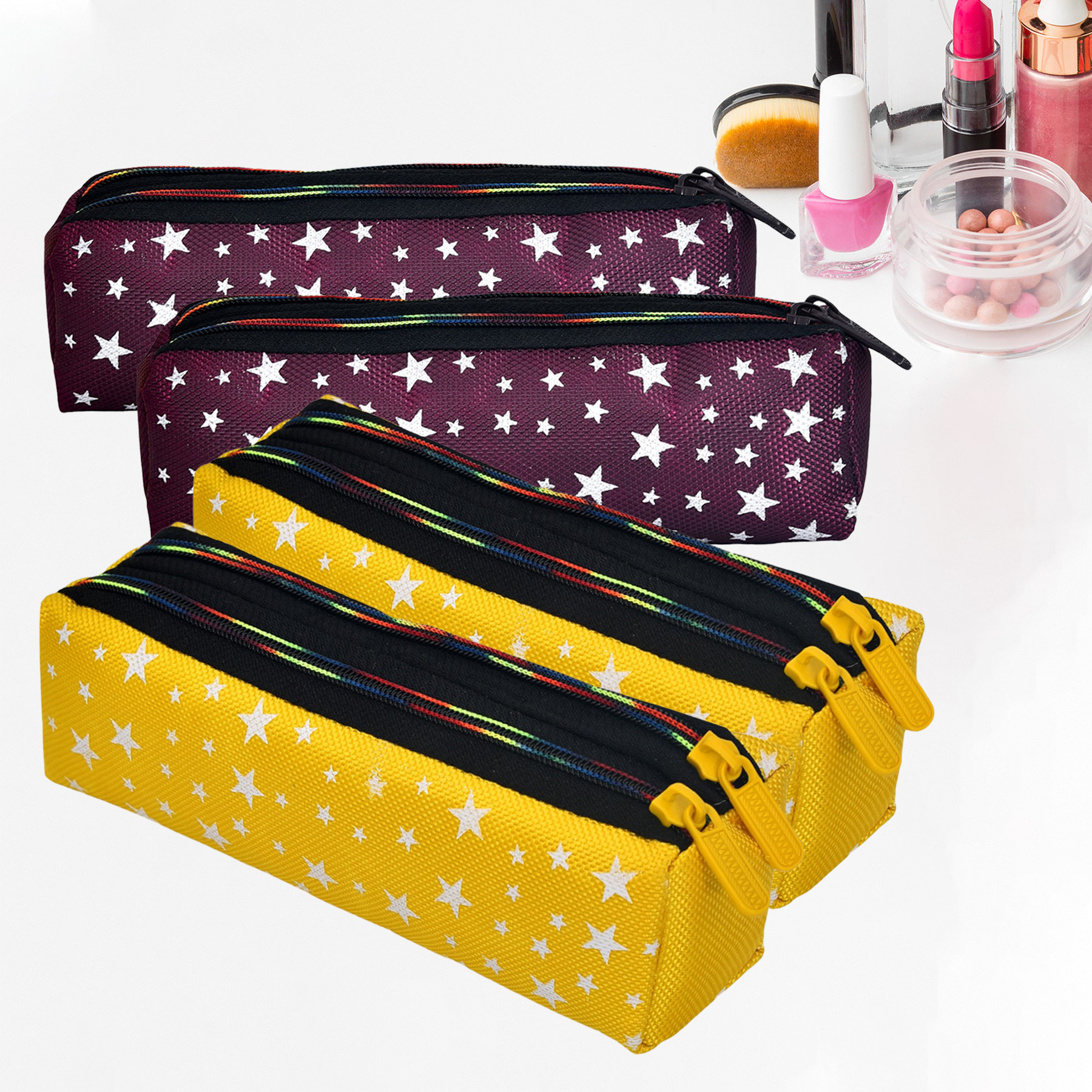 Kuber Industries Makeup Pouch | Rexine Cosmetic Pouch | Jewellery Utility Pouch | Toiletry Pouch for Girls | Travel Makeup Pouch for Girls | Storage Makeup Bag | Star Makeup Pouch | Pack of 4 | Multi