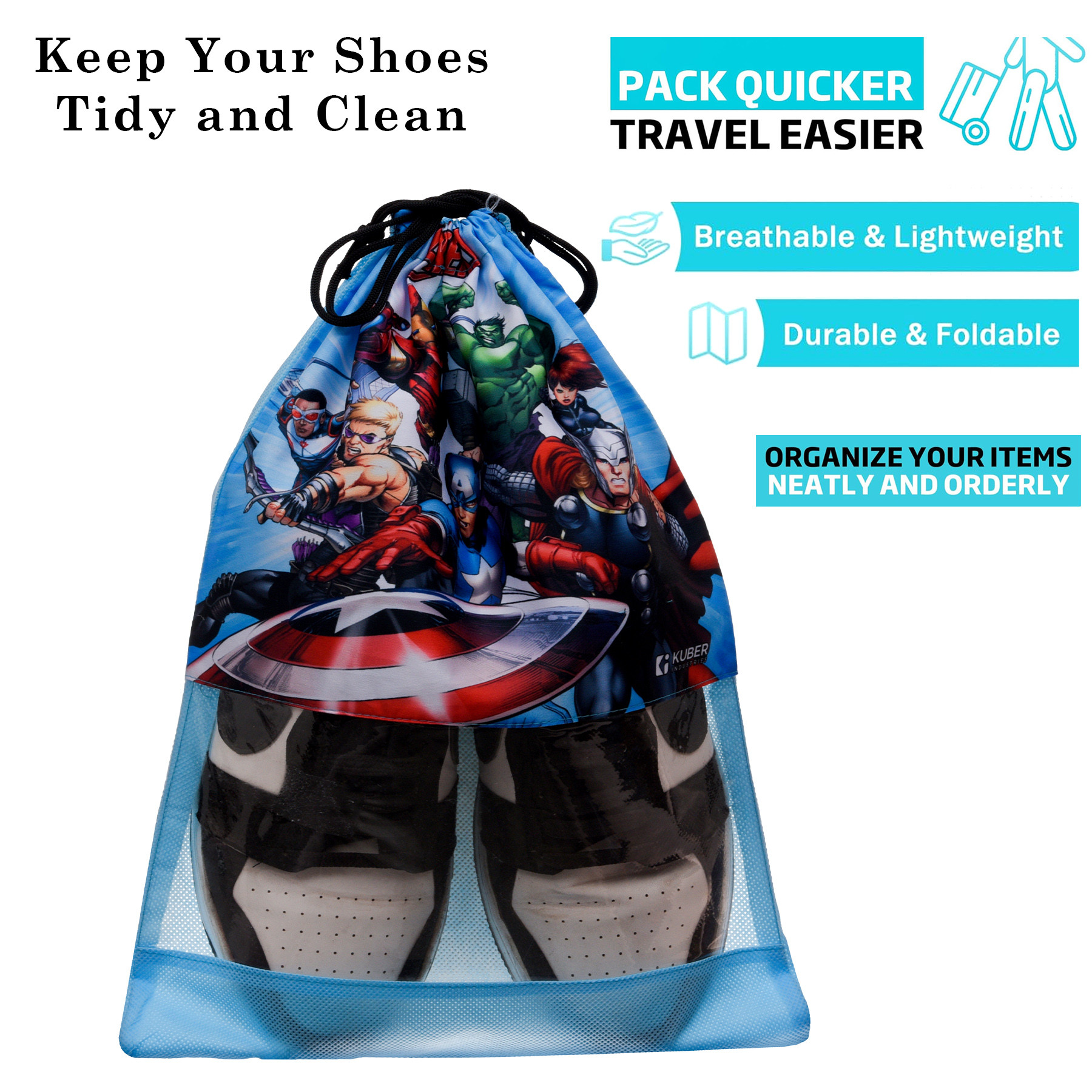 Kuber Industries Marvel Avengers Shoe Cover | Travel Shoe Storage Bags | Polyester Storage Bag | Drawstring Shoe Cover | Shoe Organizer with Clear window |  Multi