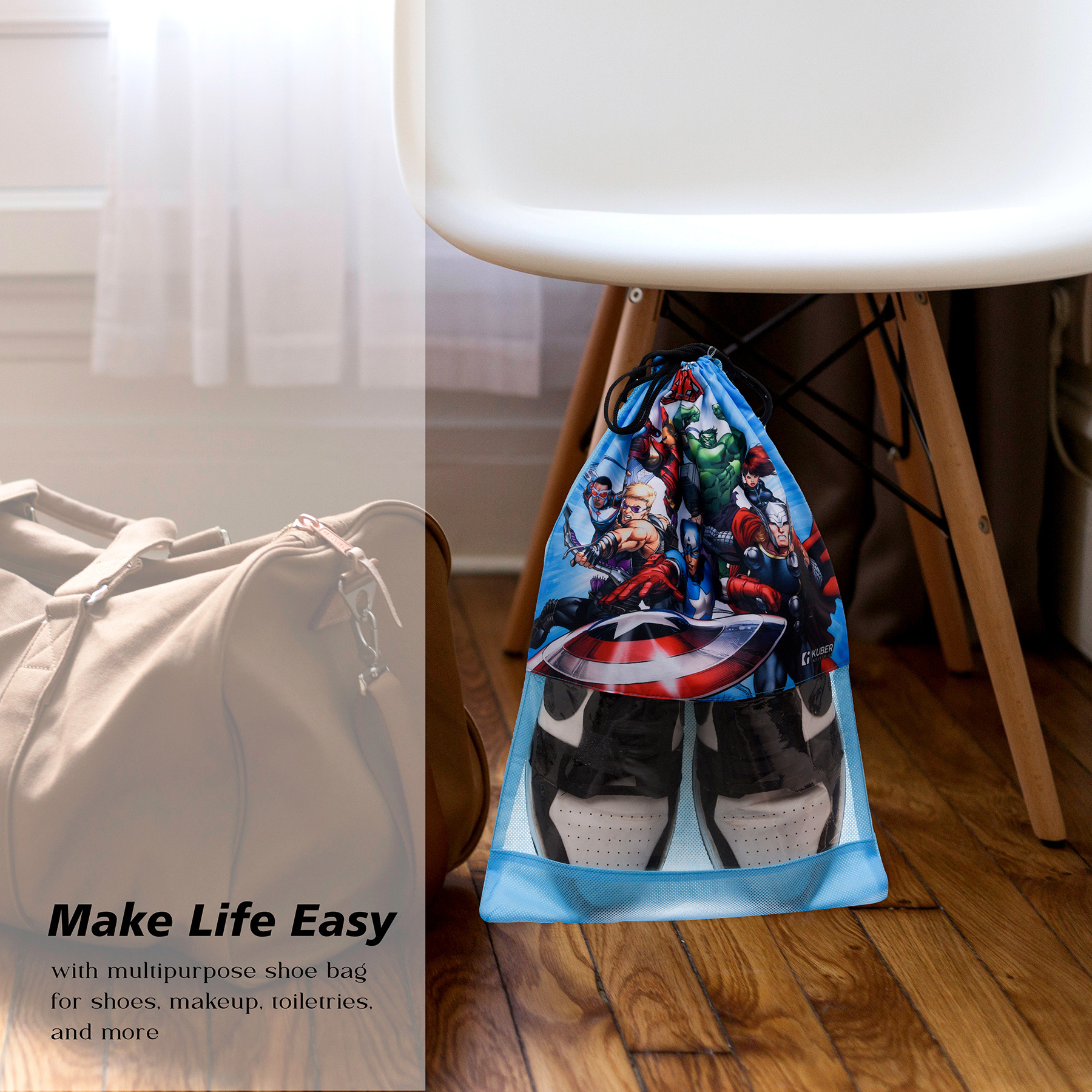 Kuber Industries Marvel Avengers Shoe Cover | Travel Shoe Storage Bags | Polyester Storage Bag | Drawstring Shoe Cover | Shoe Organizer with Clear window |  Multi