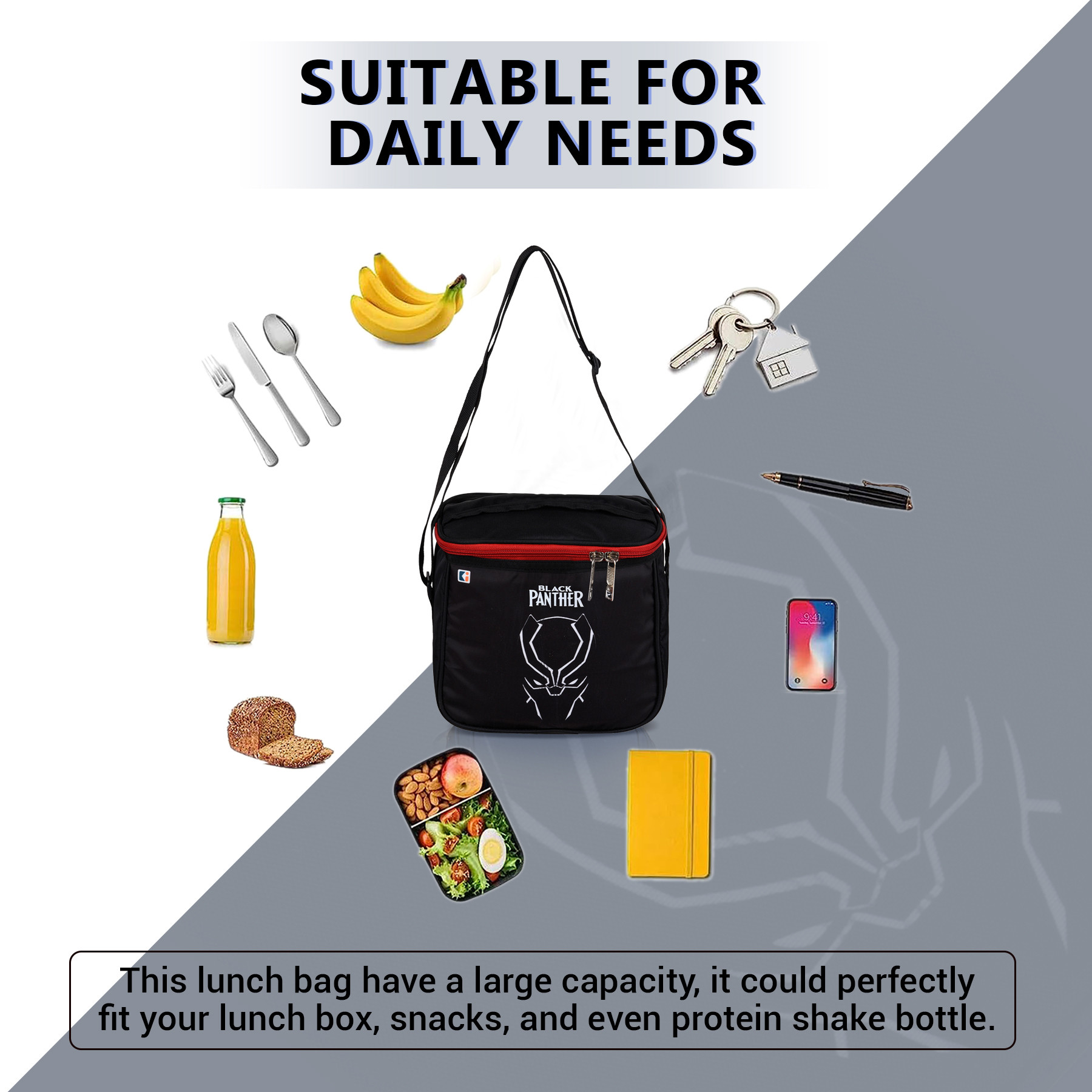 Kuber Industries Marvel Black Panther Lunch Bag | Rexine Waterproof Tiffin Cover | School Lunch Bag | Lunch Bag for Office | Kids Lunch Bag with Handle | Camping Lunch Bag | Black