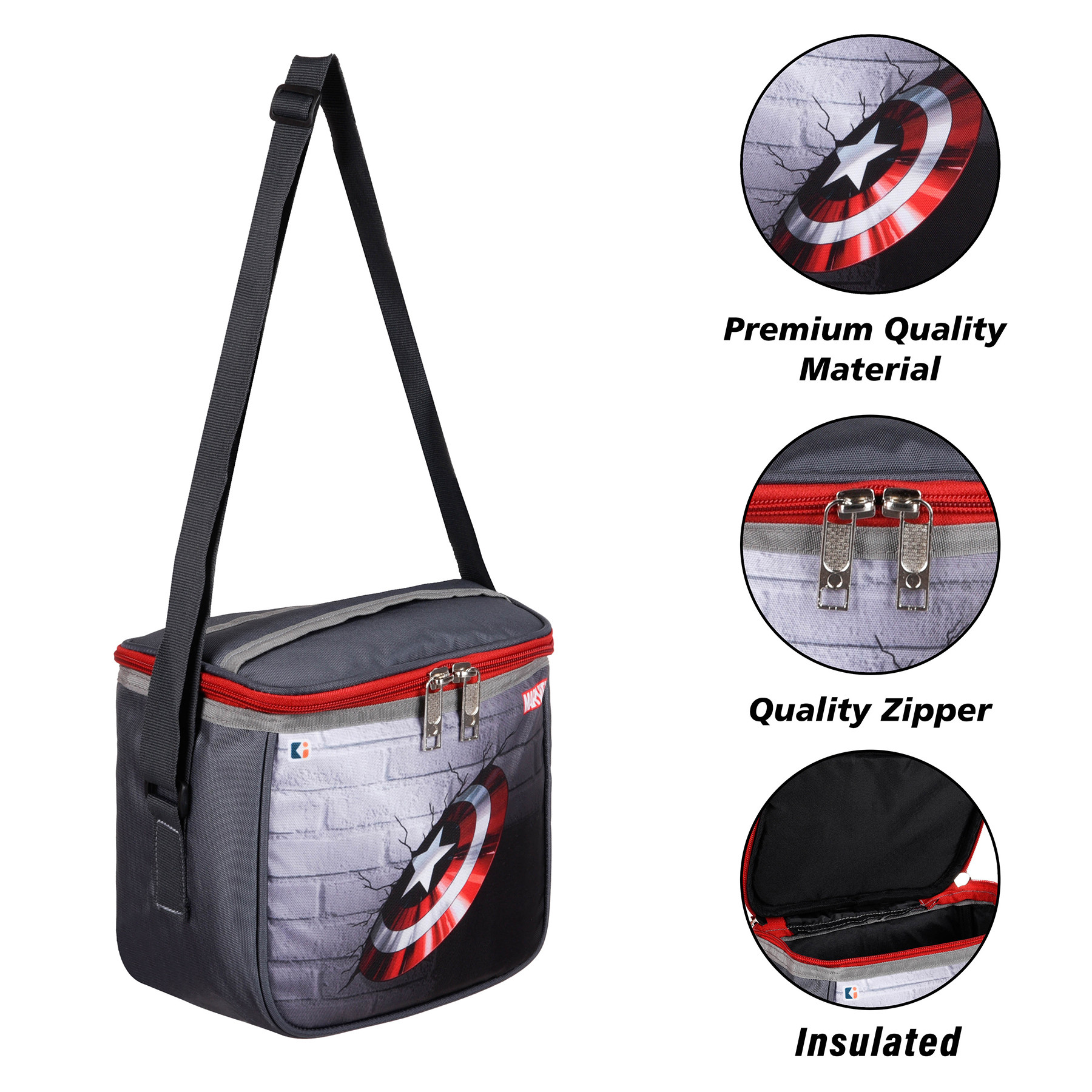 Kuber Industries Marvel Captain America Shield Lunch Bag | Rexine Waterproof Tiffin Cover | School Lunch Bag | Lunch Bag for Office | Kids Lunch Bag with Handle | Camping Lunch Bag | Gray