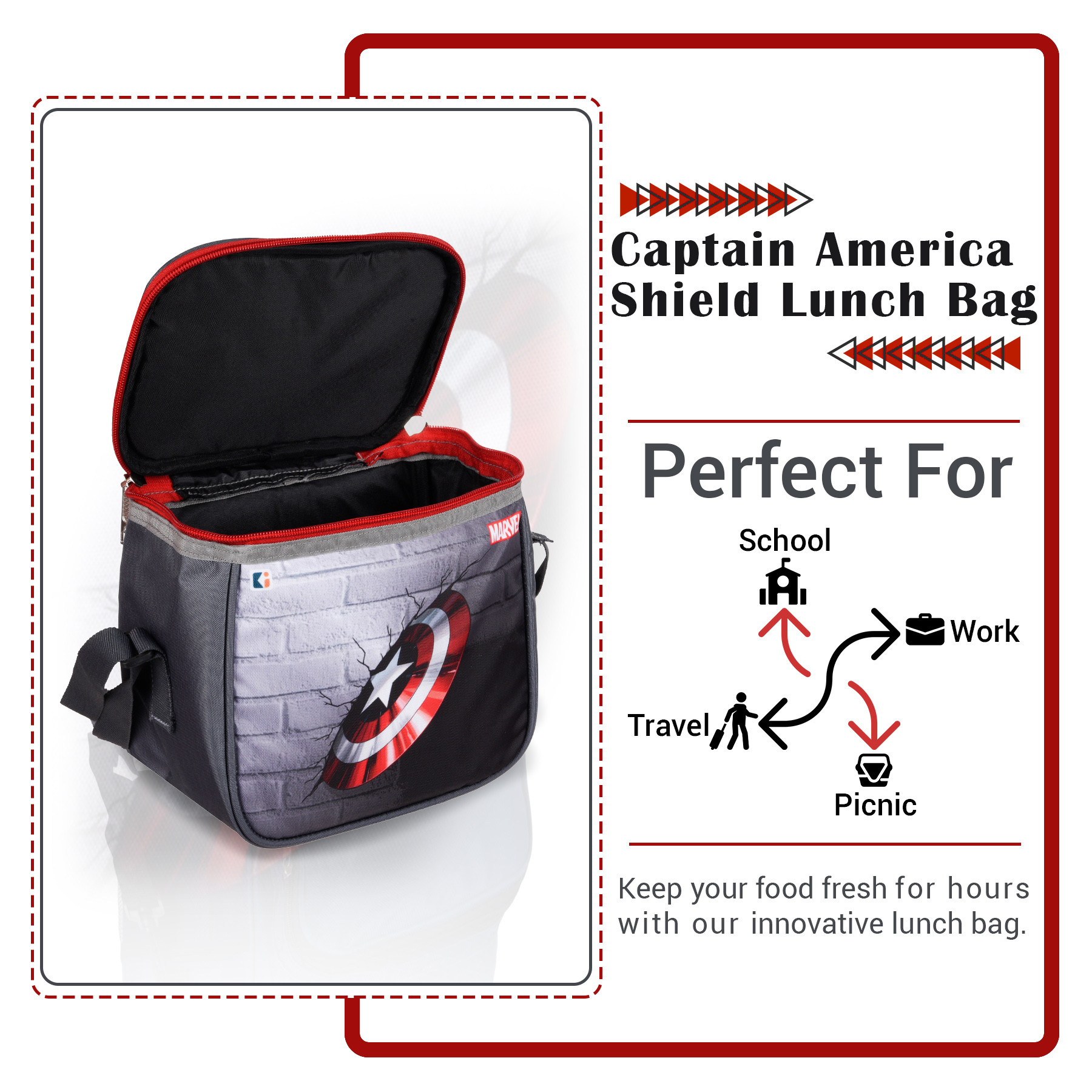 Kuber Industries Marvel Captain America Shield Lunch Bag | Rexine Waterproof Tiffin Cover | School Lunch Bag | Lunch Bag for Office | Kids Lunch Bag with Handle | Camping Lunch Bag | Gray