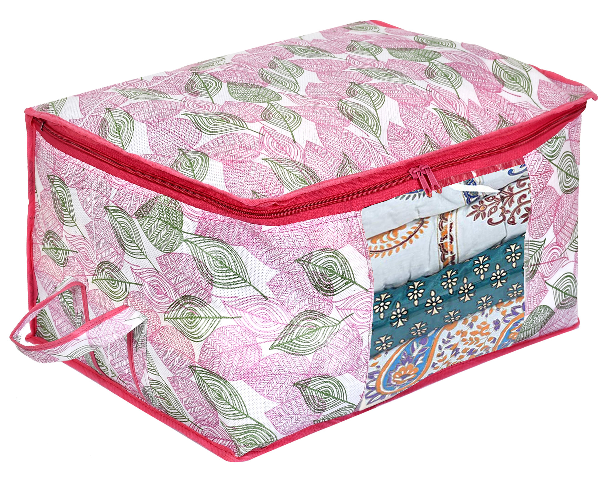 Kuber Industries Metalic Print Non Woven Underbed Storage Bag,Cloth Organiser,Blanket Cover with Transparent Window (Ivory & Black & Pink)-34_S_KUBMART16635