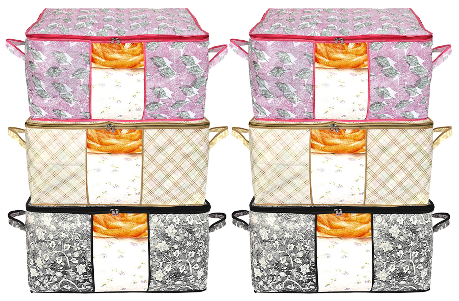 Kuber Industries Metalic Print Non Woven Underbed Storage Bag,Cloth Organiser,Blanket Cover with Transparent Window (Ivory & Black & Pink)-34_S_KUBMART16635