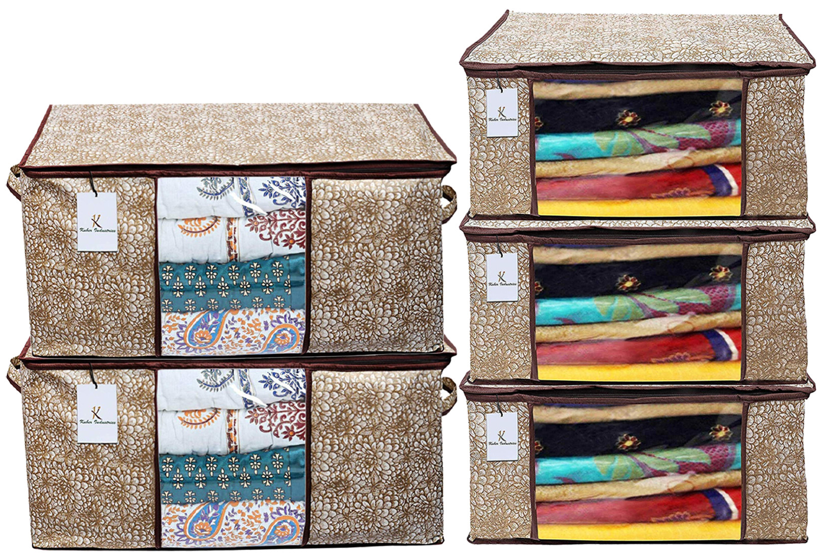 Kuber Industries Metallic Printed Non Woven Saree Cover And Underbed Storage Bag, Cloth Organizer For Storage, Blanket Cover Combo Set (Gold & Brown) -CTKTC38595