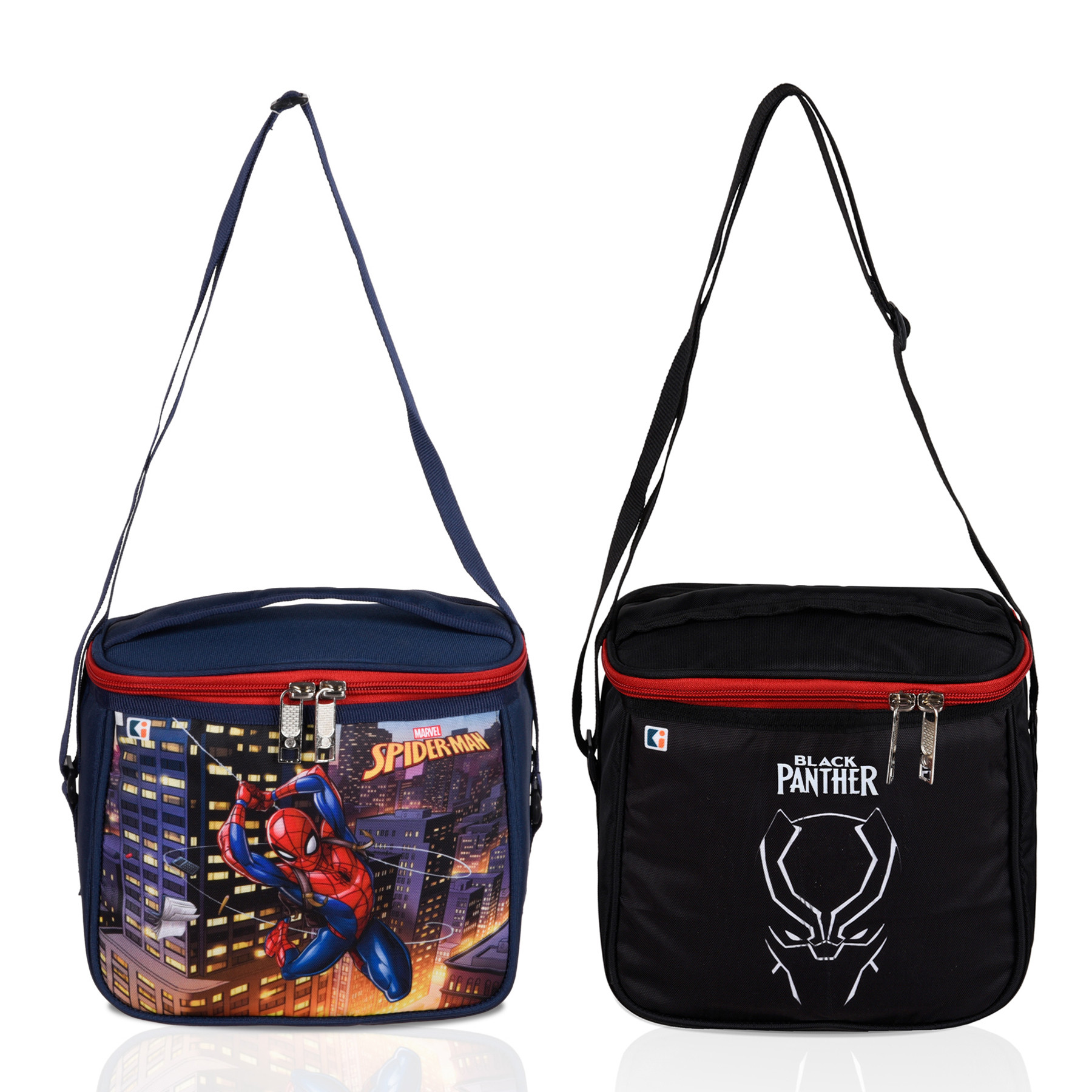 Kuber Industries Pack of 2 Marvel Lunch Bag | Rexine Waterproof Tiffin Cover | Lunch Bag for Office | School Lunch Bag | Kids Lunch Bag with Handle | Camping Lunch Bag | Navy Blue & Black