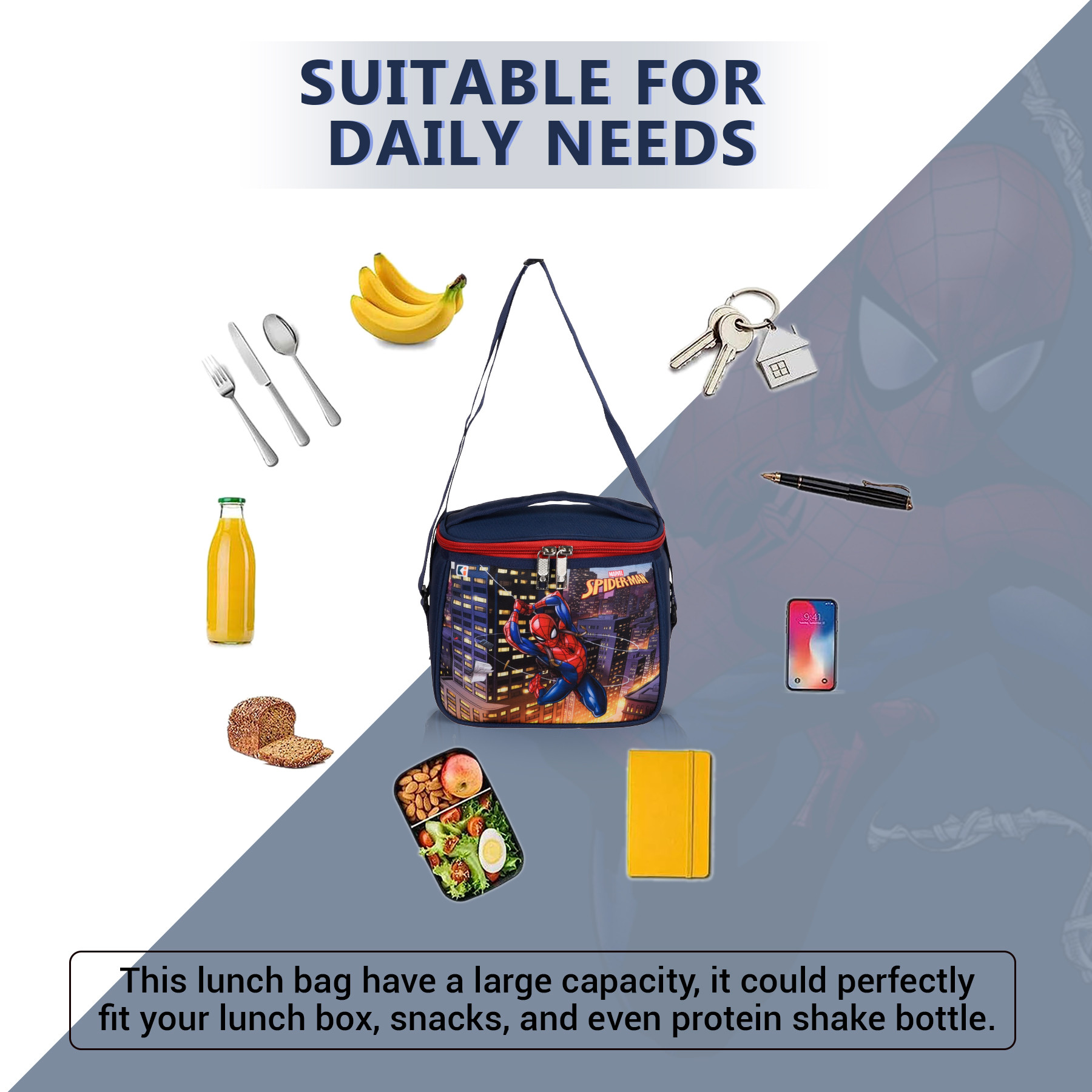 Kuber Industries Pack of 2 Marvel Lunch Bag | Rexine Waterproof Tiffin Cover | Lunch Bag for Office | School Lunch Bag | Kids Lunch Bag with Handle | Camping Lunch Bag | Navy Blue & Black