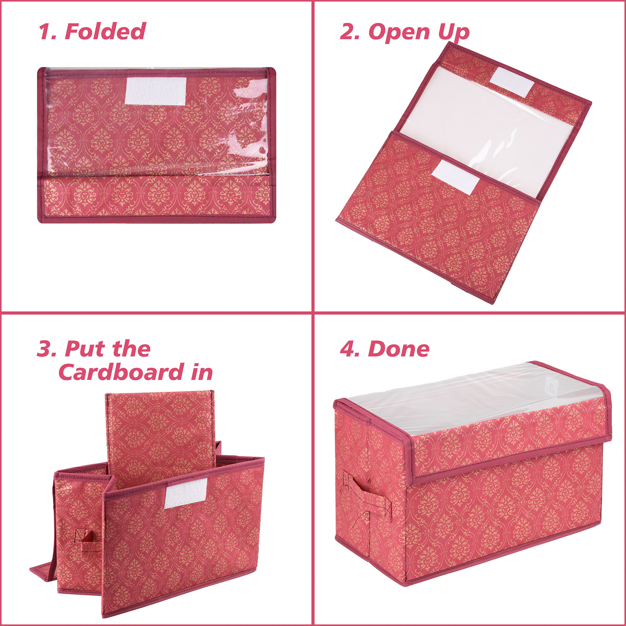 Kuber Industries Pack of 3 Drawer Storage Box | Foldable Clothes Organizer | Transparent Dhakkan with Handle | Velcro Drawer Organizer for Books-Toys | Golden-Printed | S | M | L | Maroon