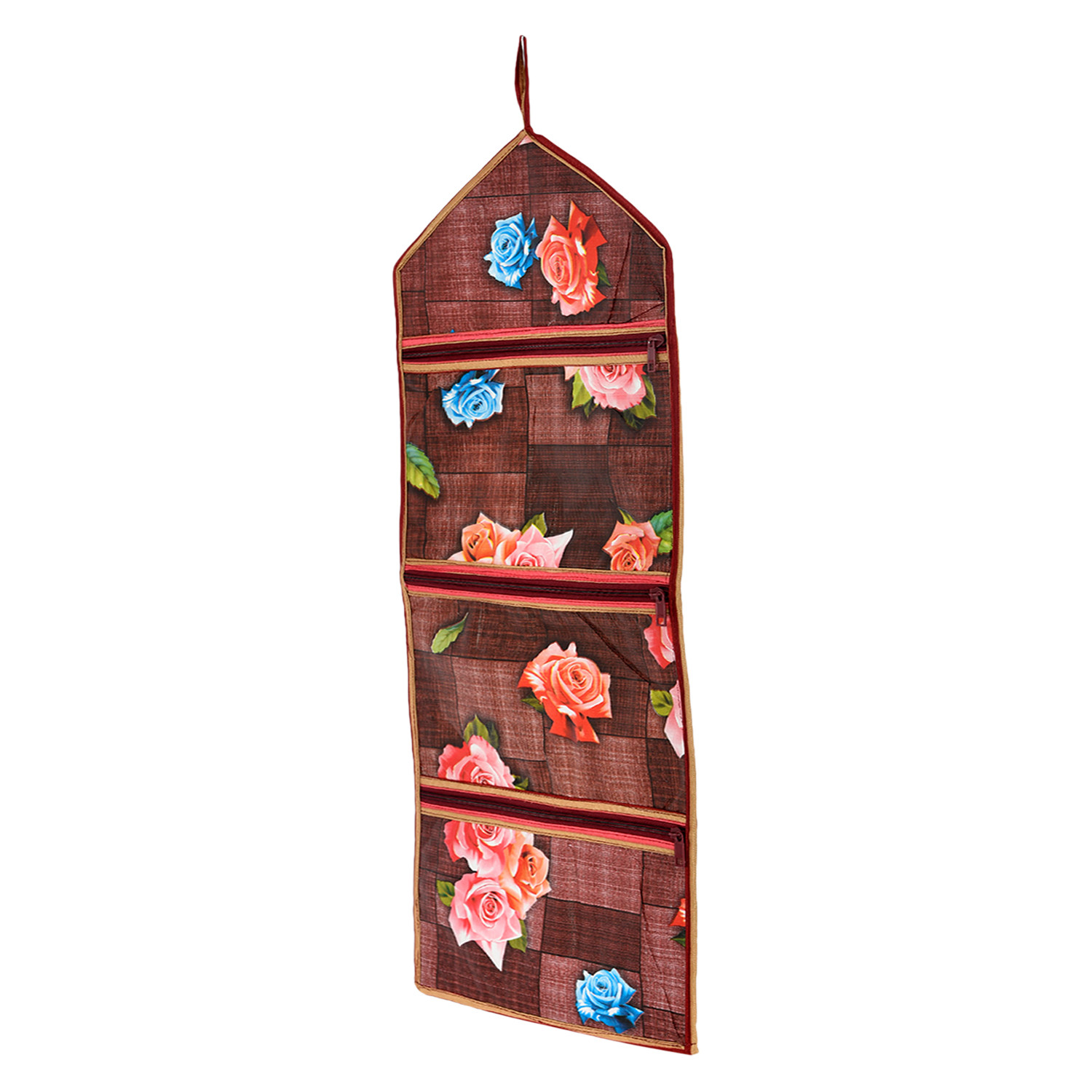 Kuber Industries Paper Holder | Foldable Hanging Organizer | PVC Flower Pattern Document Holder | 3 Pocket Wall Hanging Holder with Zipper | Maroon