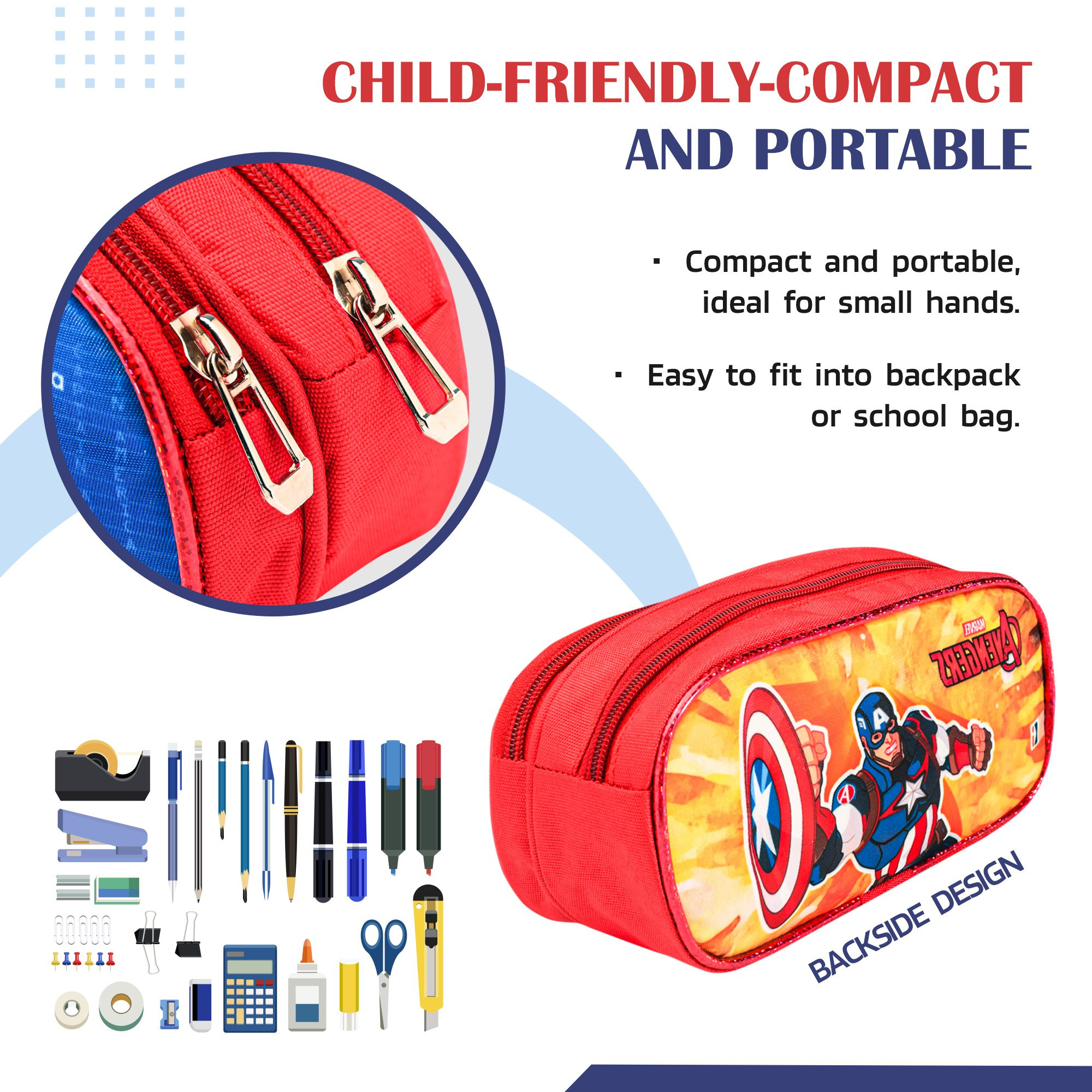 Kuber Industries Pencil Pouch | Multi-Purpose Travel Pouch | 2 Compartments Utility Pouch | Waterproof Stationary Bag | Geometry Box | Marvel Captain America | Blue & Yellow