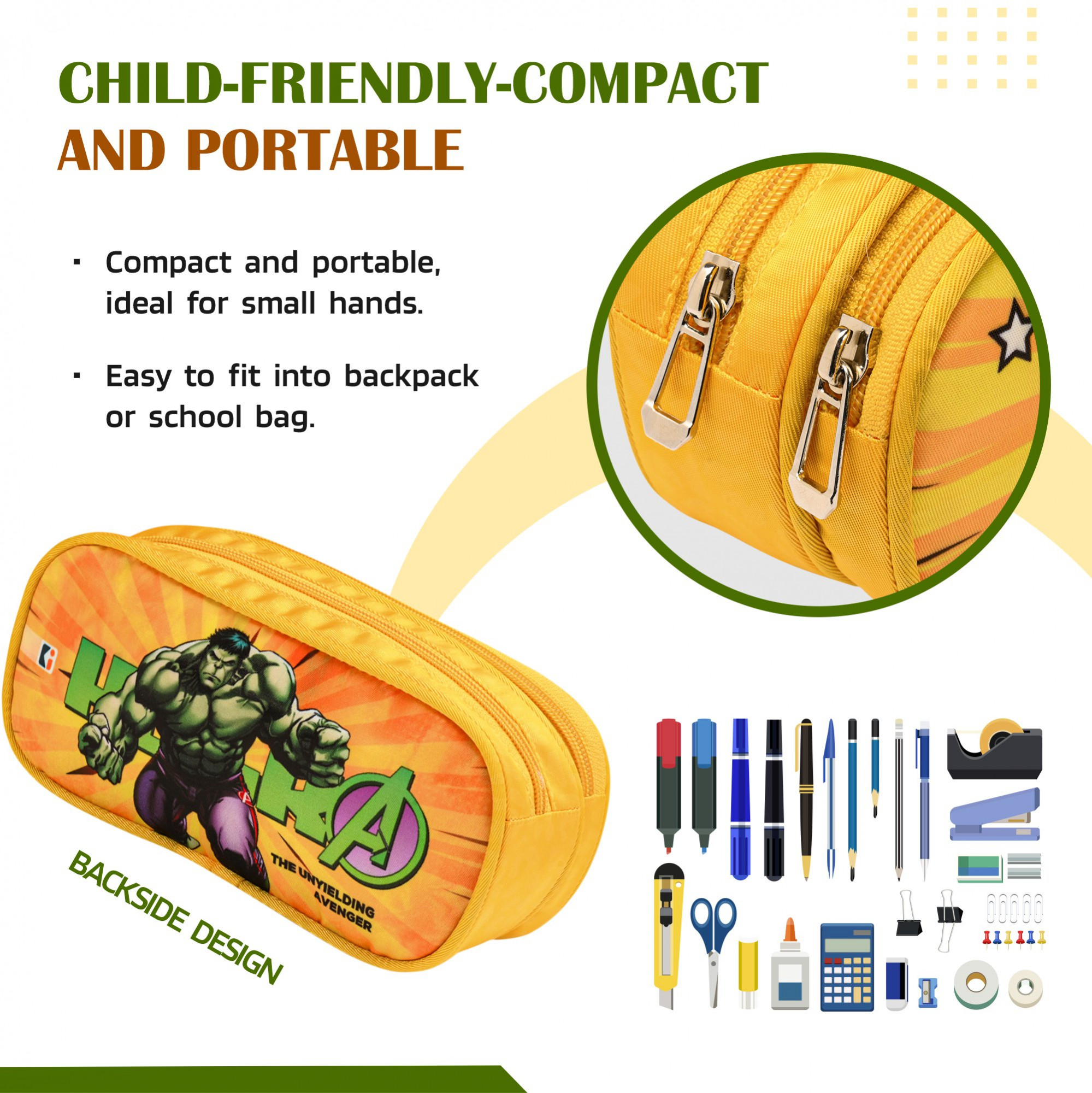 Kuber Industries Pencil Pouch | Multi-Purpose Travel Pouch | 2 Compartments Utility Pouch | Waterproof Stationary Bag | Geometry Box | Marvel Hulk | Yellow