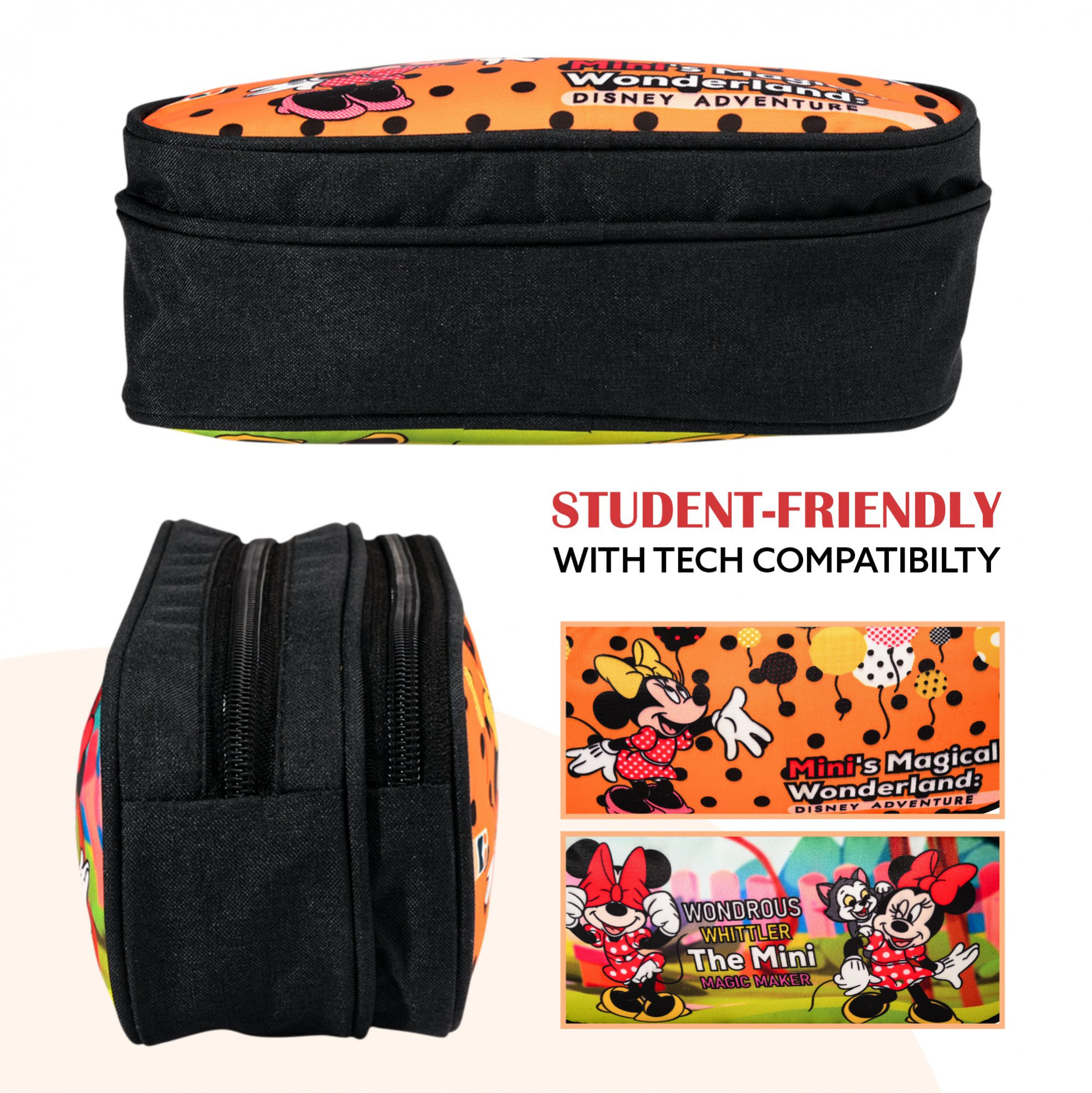 Kuber Industries Pencil Pouch | Multi-Purpose Travel Pouch | 2 Compartments Utility Pouch | Waterproof Stationary Bag | Geometry Box | Disney Minnie Magic | Orange & Green