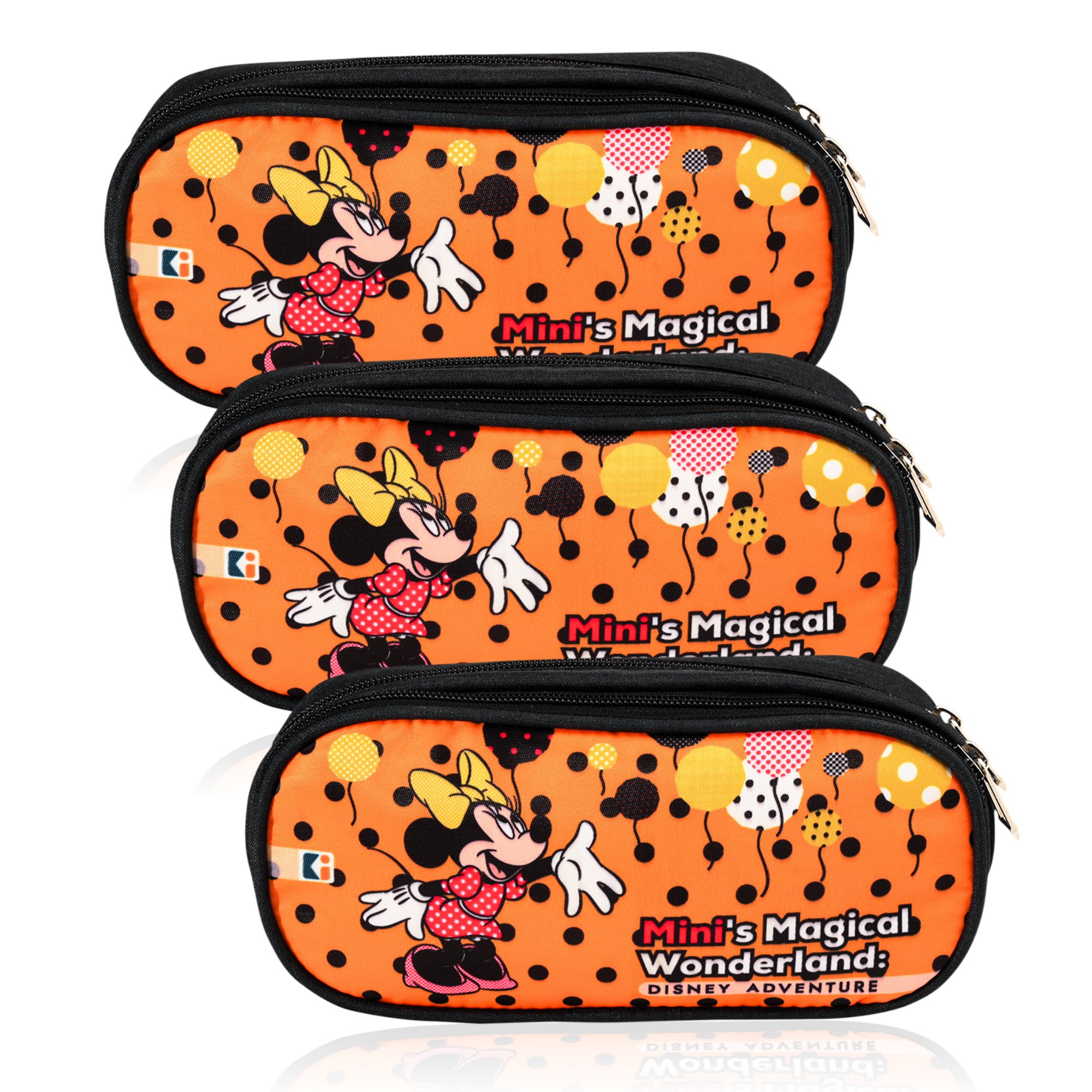 Kuber Industries Pencil Pouch | Multi-Purpose Travel Pouch | 2 Compartments Utility Pouch | Waterproof Stationary Bag | Geometry Box | Disney Minnie Magic | Orange & Green