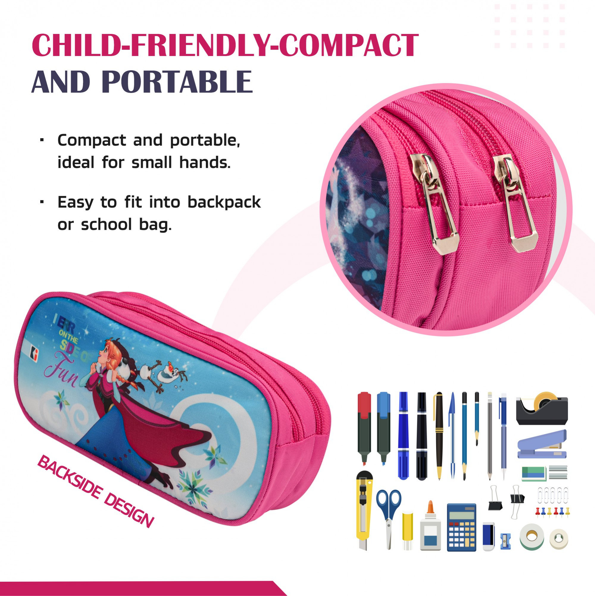 Kuber Industries Pencil Pouch | Multi-Purpose Travel Pouch | 2 Compartments Utility Pouch | Waterproof Stationary Bag | Geometry Box | Disney Frozen Fun | Blue & Pink