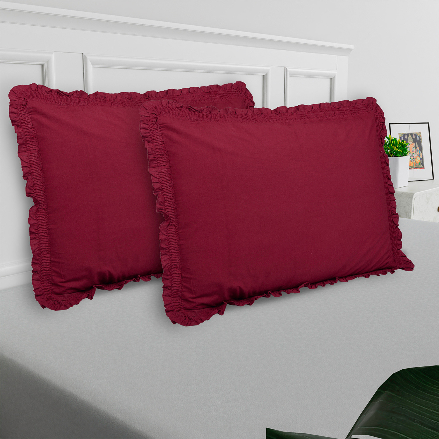 Kuber Industries Pillow Cover | Cotton Pillow Cover | Pillow Cover For Bedroom | Pleated Frill Border Long Crush Pillow Cover | Set of 2 | 20x30 Inch | Maroon