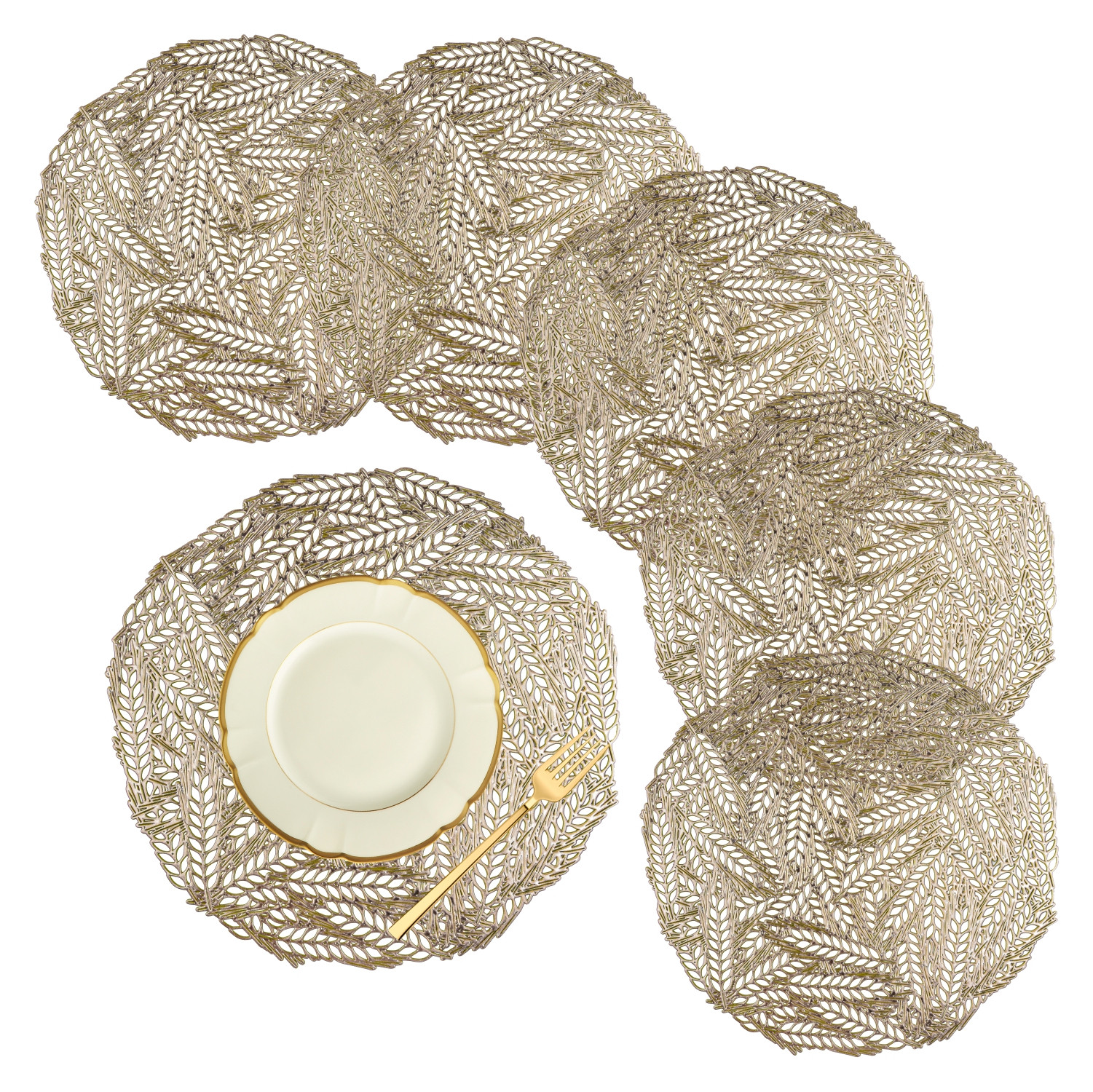 Kuber Industries Placemat | Placemats for Dining Room | Designer Table Mat Set | Placemats for Kitchen Table | Round Table Placemats | Leaf-Design Placemat |Golden