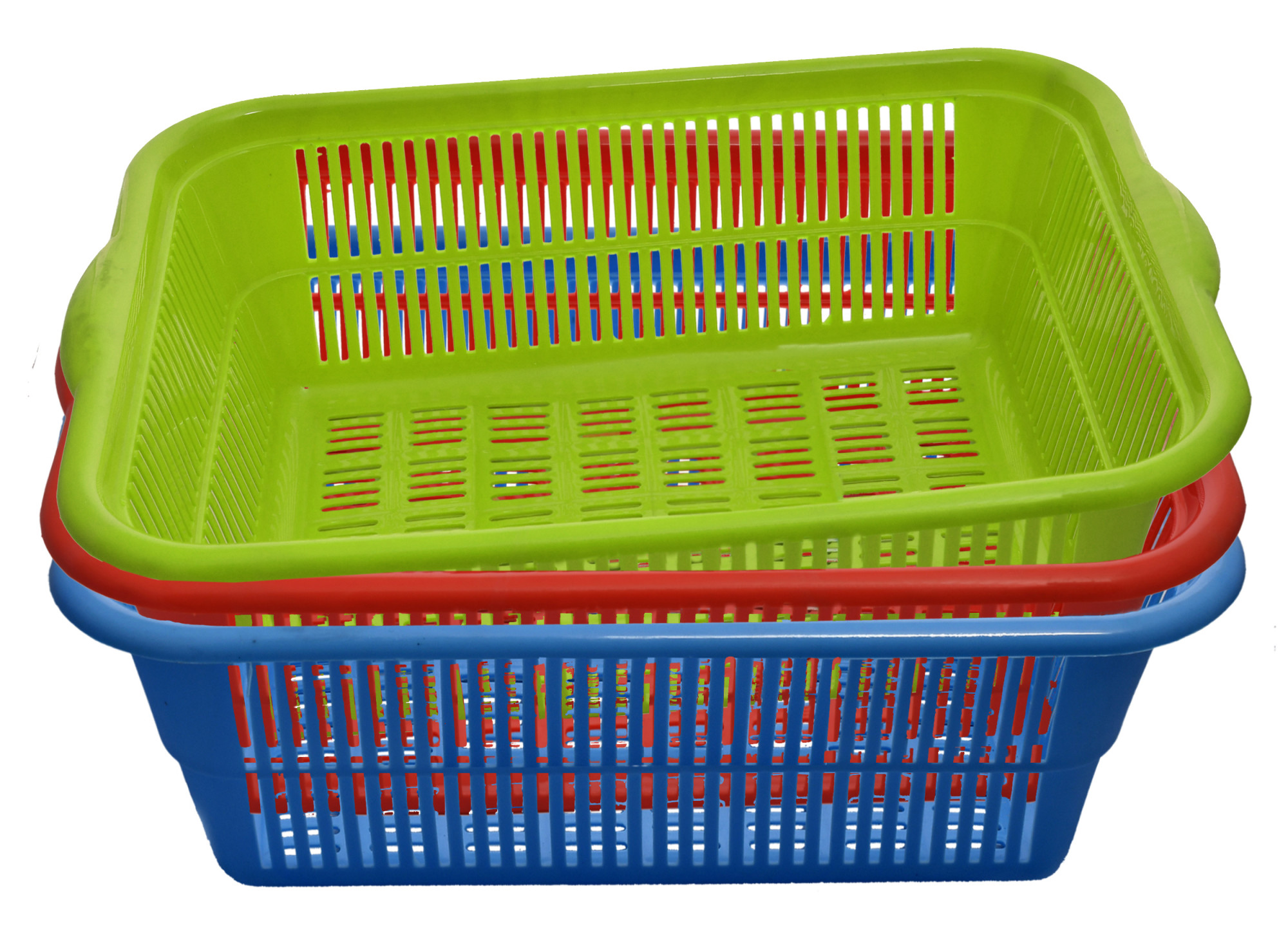 Kuber Industries Plastic 3 Pieces Kitchen Small Size Dish Rack Drainer Vegetables And Fruits Washing Basket Dish Rack Multipurpose Organizers (Green & Blue & Red)-KUBMART630