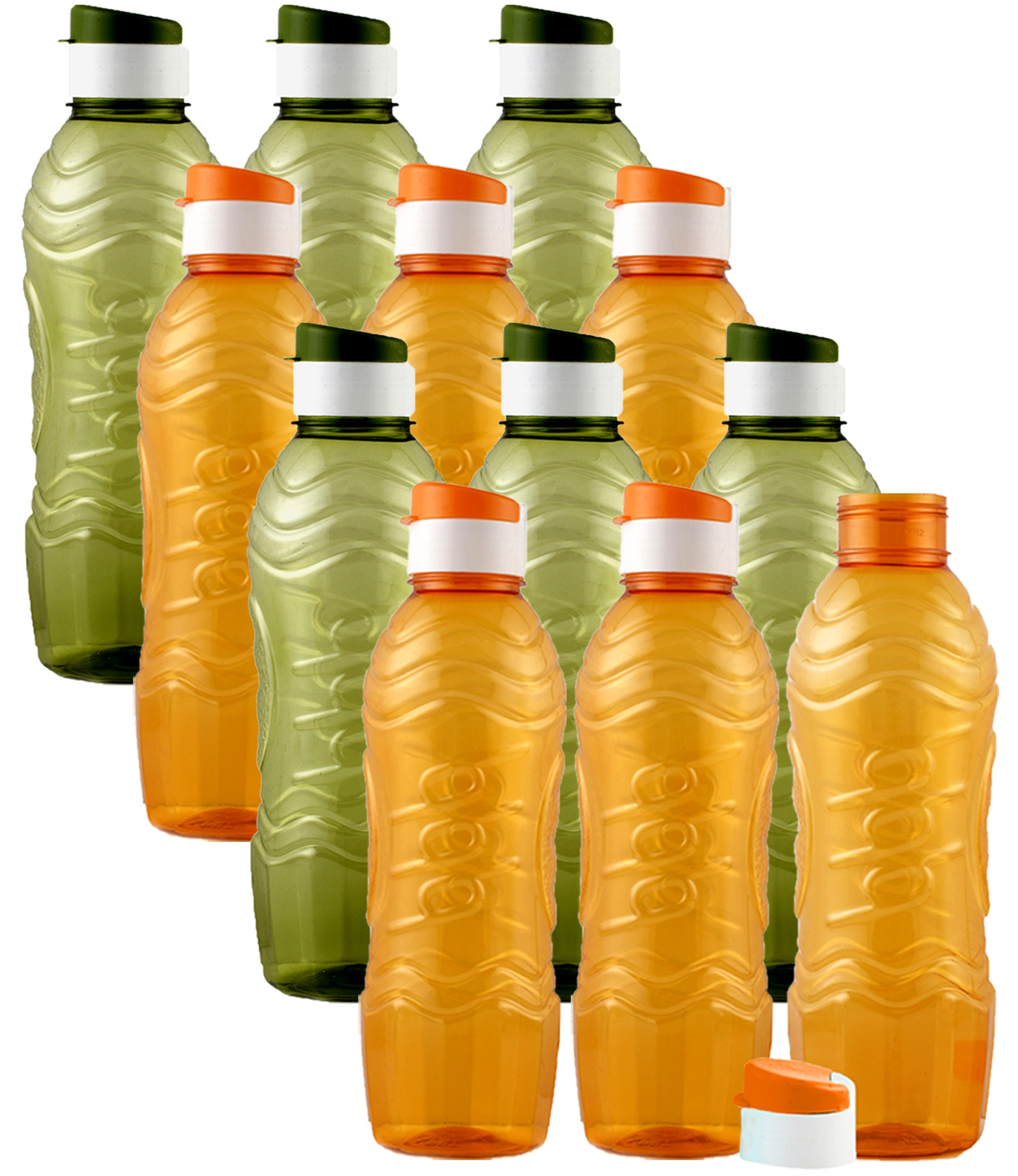 Kuber Industries Plastic Fridge Water Bottle Set with Flip Cap (1000ml, Green & Orange)-KUBMART1462