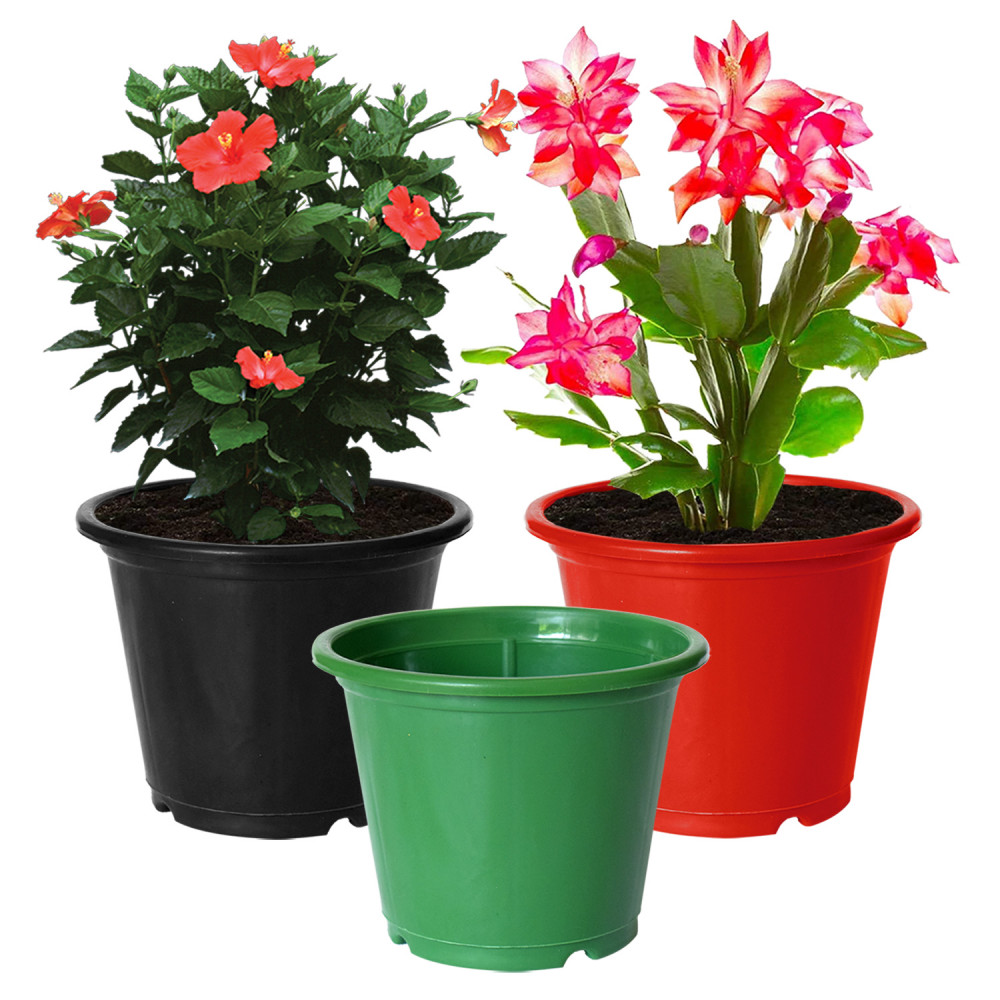 Kuber Industries Plastic Planters|Gamla|Flower Pots for Garden Nursery Home Décor,8&quot;x6&quot;,Pack of 3 (Green,Red,Black)