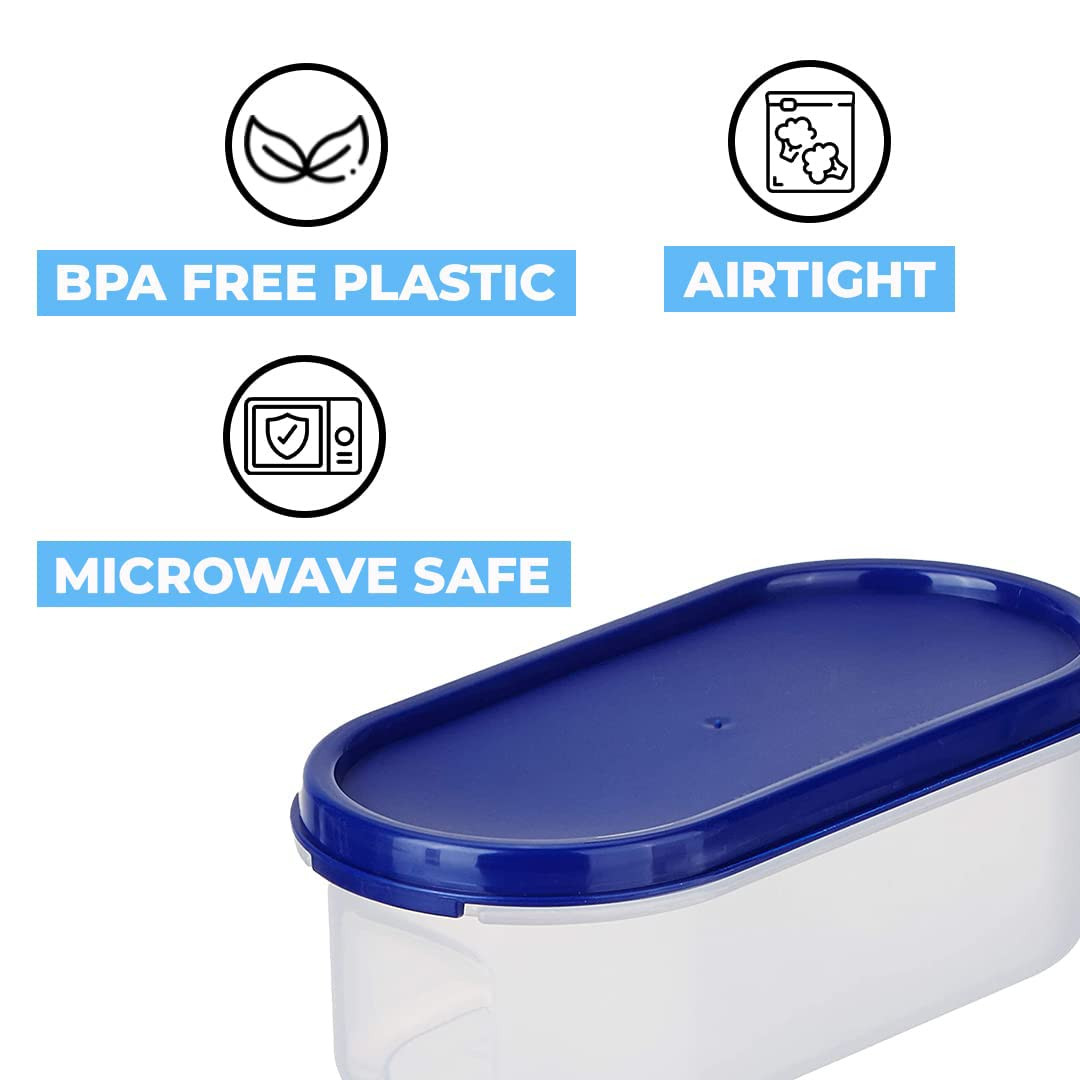 Kuber Industries Plastic Storage Containers With Lid I Set of 4, 500 ml | Airtight, Stackable, Spill-proof, Travel-friendly | Transparent with Blue Lid | For Dry & Wet Food Pickle, Spices, Dryfruits