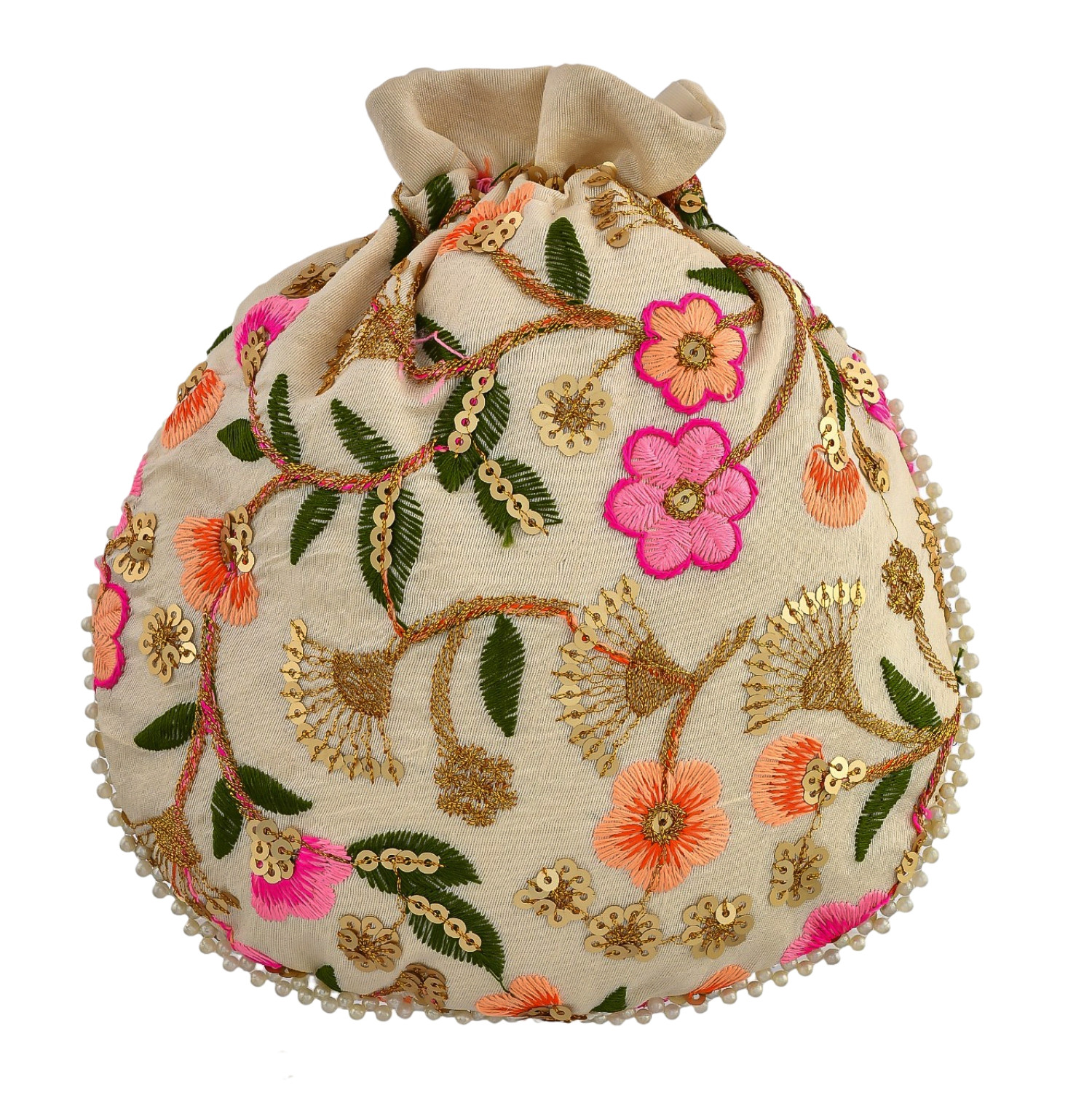 Kuber Industries Potli | Silk Wedding Potli | Christmas Gift Potli | Baby Shower Potli | Traditional Shagun Potli | Drawstring with Beads Handle Potli | New Flower Embroidery Potli | Pack of 3 | Multi