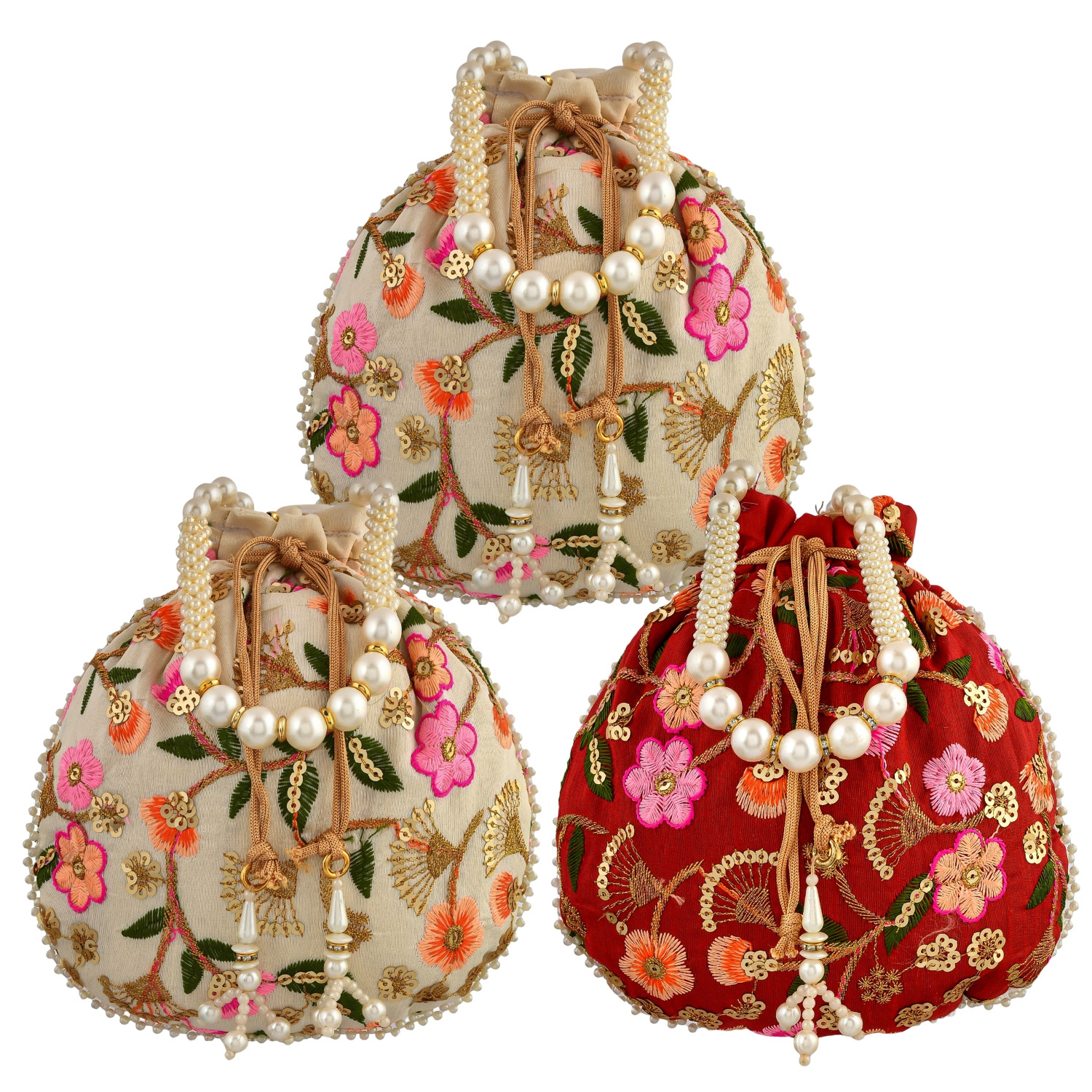 Kuber Industries Potli | Silk Wedding Potli | Christmas Gift Potli | Baby Shower Potli | Traditional Shagun Potli | Drawstring with Beads Handle Potli | New Flower Embroidery Potli | Pack of 3 | Multi