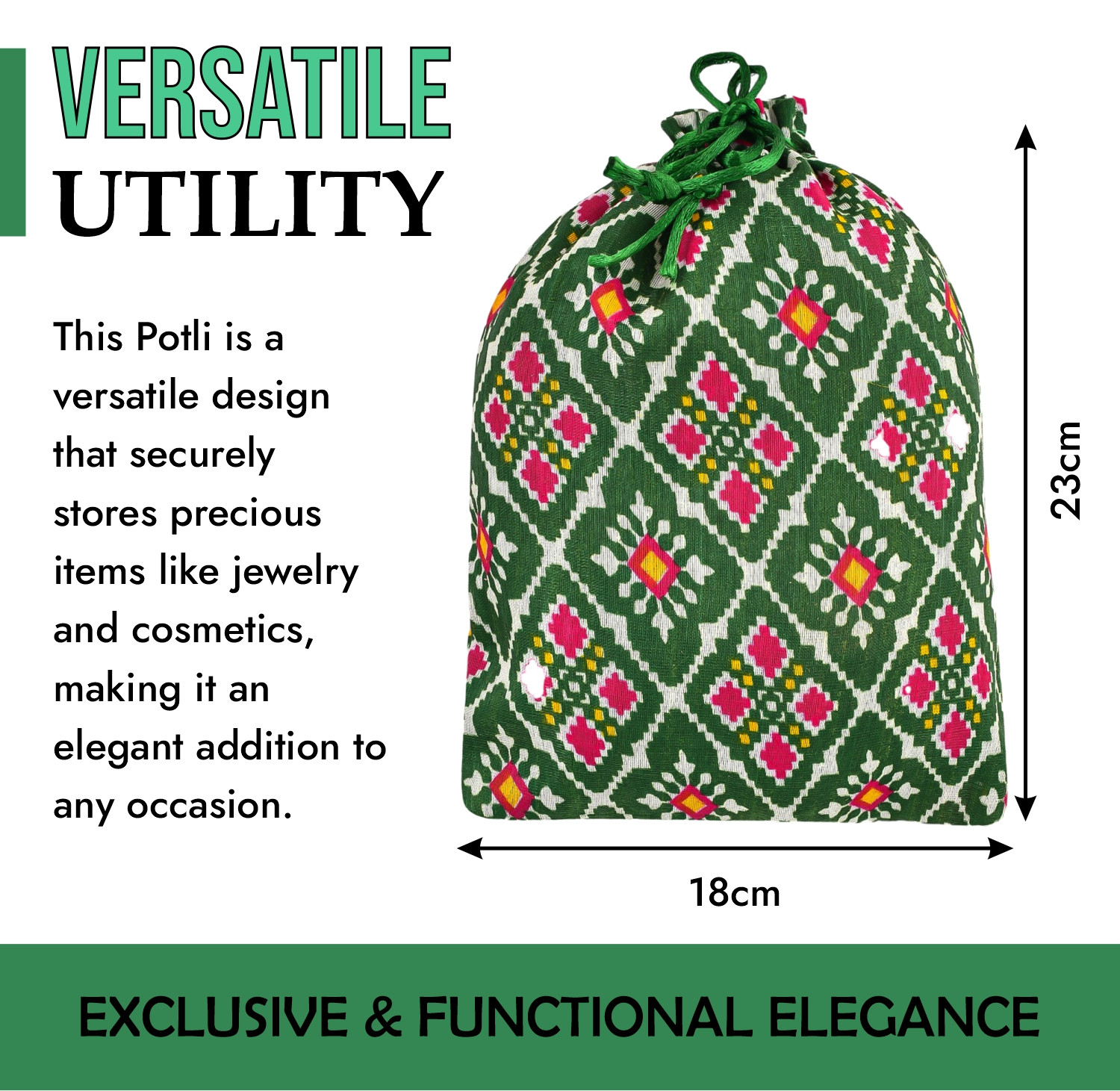 Kuber Industries Potli | Silk Wedding Potli | Drawstring Closure Potli | Wallet Potli | Christmas Gift Potli | Baby Shower Potli | Medium-Patola-Print Potli | 7x9 Inch | Green