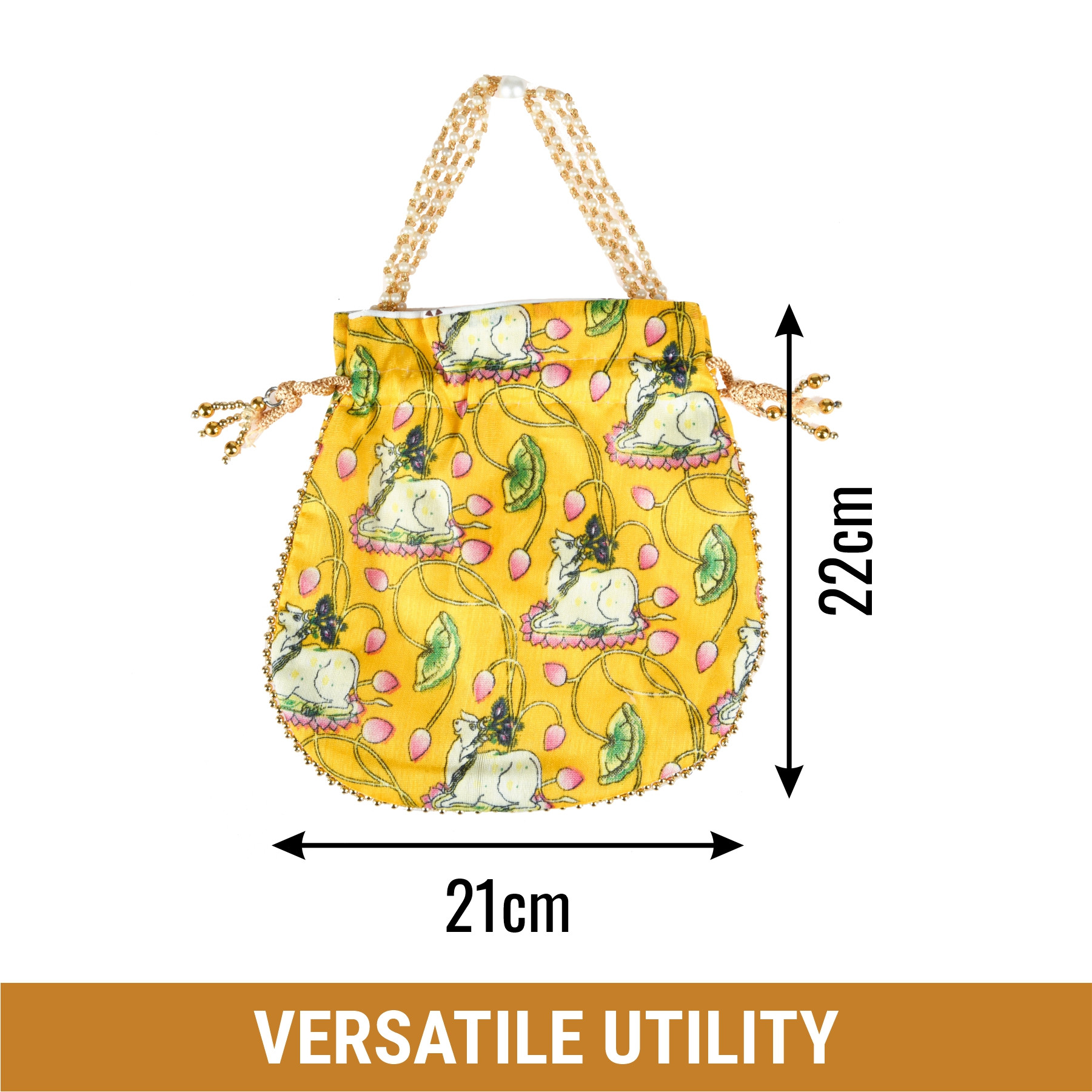 Kuber Industries Potli | Silk Wedding Potli | Wallet Potli | Christmas Gift Potli | Baby Shower Potli | Traditional Shagun Potli | Drawstring with Beads Handle Potli | Cow-Design Patli Potli | Yellow