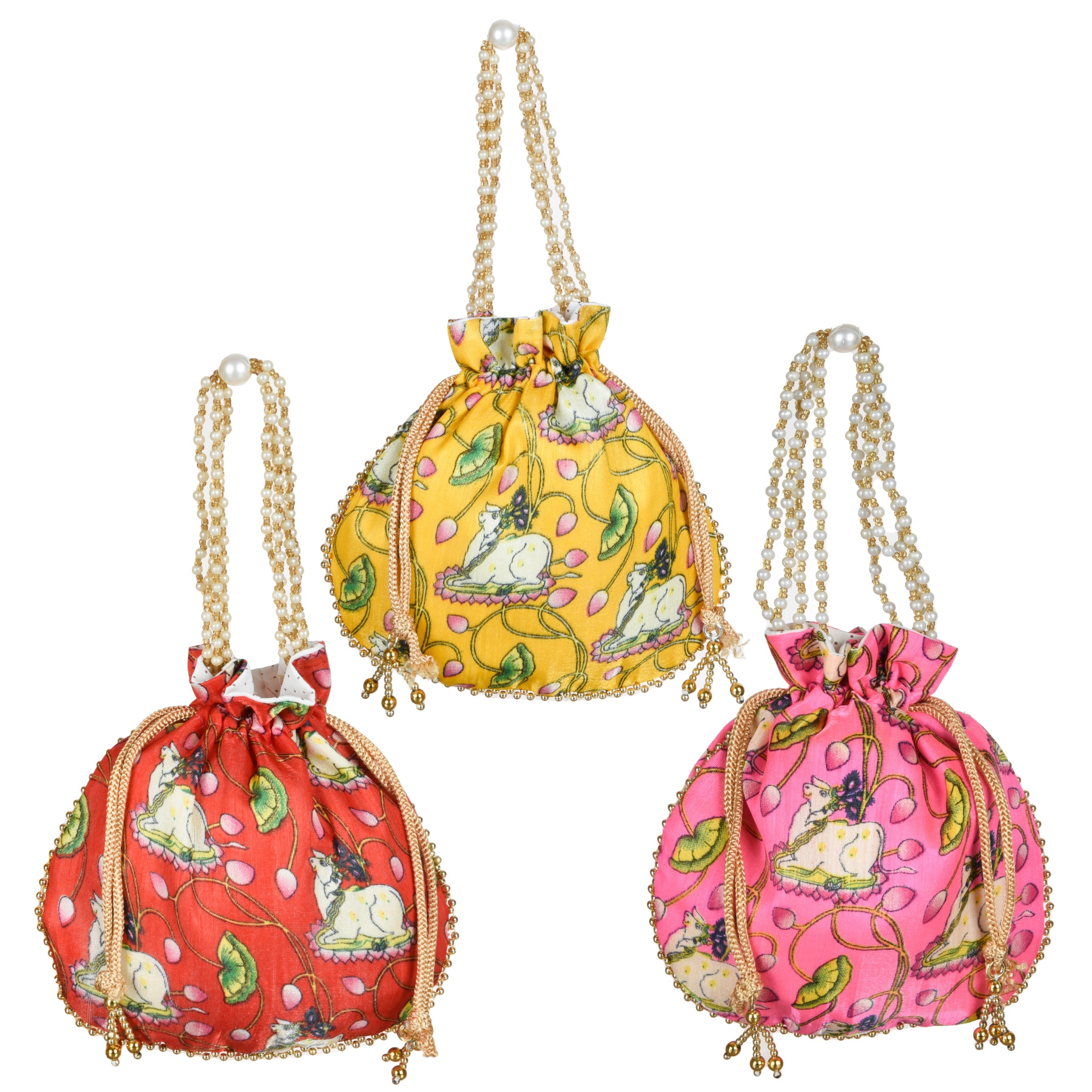 Kuber Industries Potli | Silk Wedding Potli | Wallet Potli | Christmas Gift Potli | Baby Shower Potli | Traditional Shagun Potli | Drawstring with Beads Handle Potli | Cow-Design Patli Potli | Pack of 3 | Multi