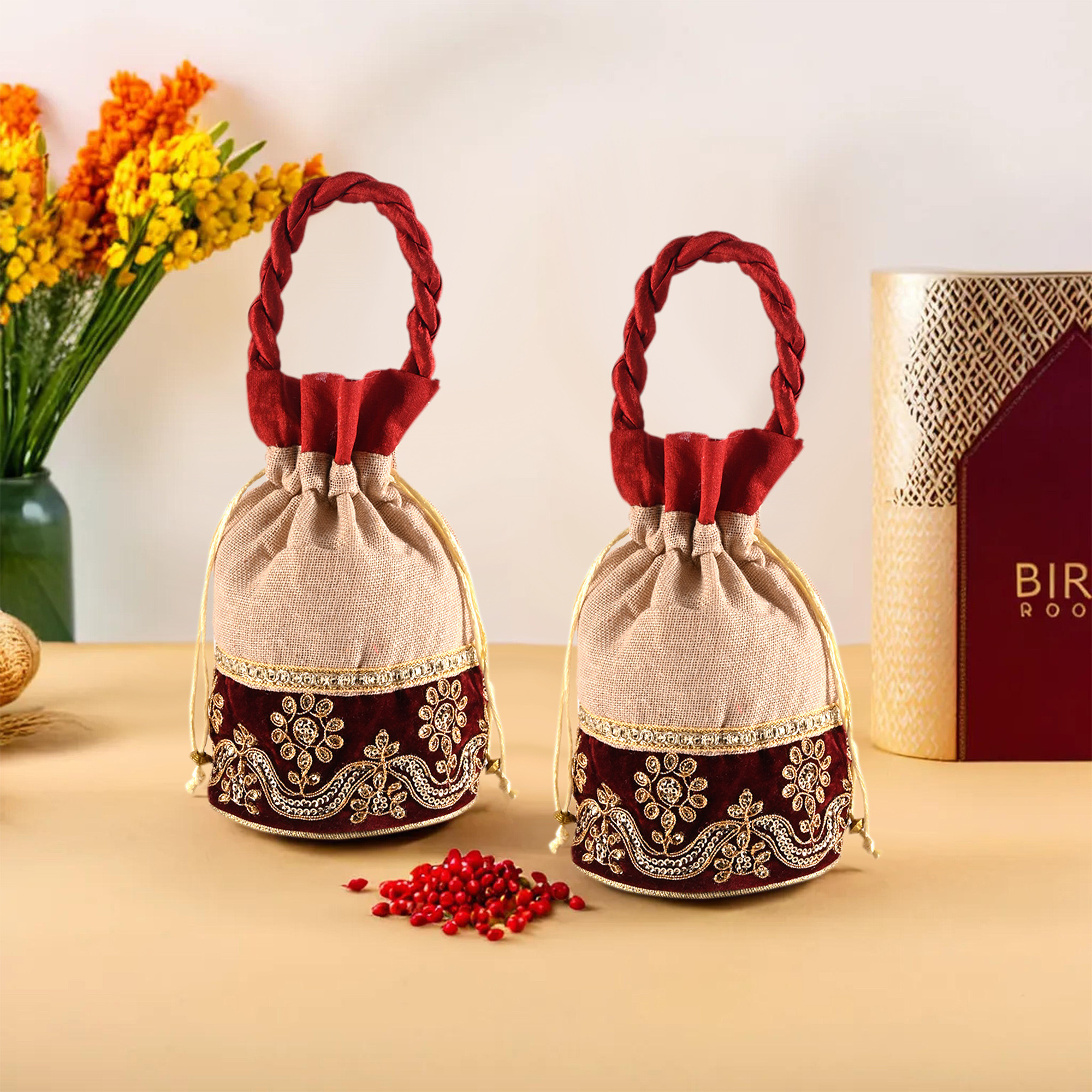 Kuber Industries Potli | Wedding Potli | Drawstring Potli with Handle | Wallet Potli | Christmas Gift Potli | Baby Shower Potli | Traditional Shagun Potli |Cream & Maroon