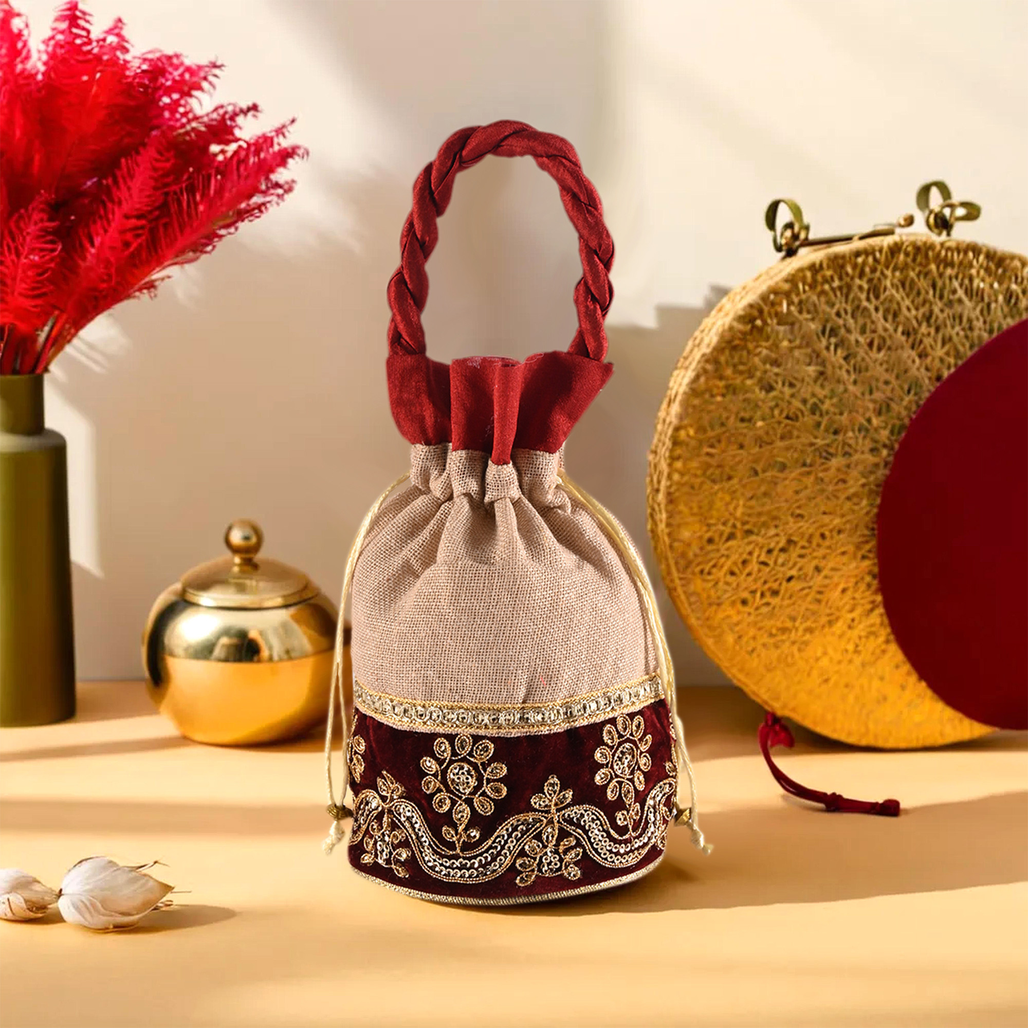 Kuber Industries Potli | Wedding Potli | Drawstring Potli with Handle | Wallet Potli | Christmas Gift Potli | Baby Shower Potli | Traditional Shagun Potli |Cream & Maroon