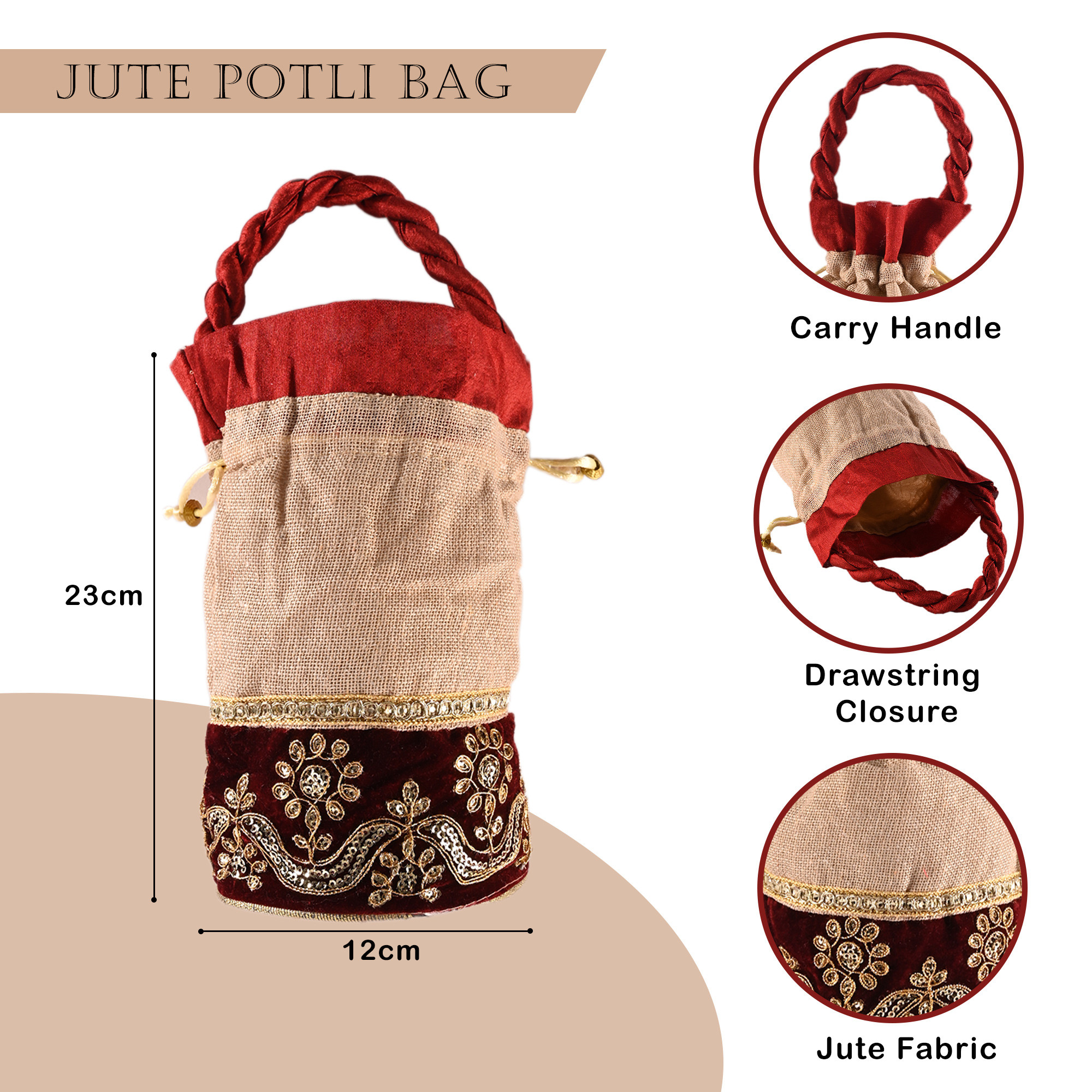 Kuber Industries Potli | Wedding Potli | Drawstring Potli with Handle | Wallet Potli | Christmas Gift Potli | Baby Shower Potli | Traditional Shagun Potli |Cream & Maroon