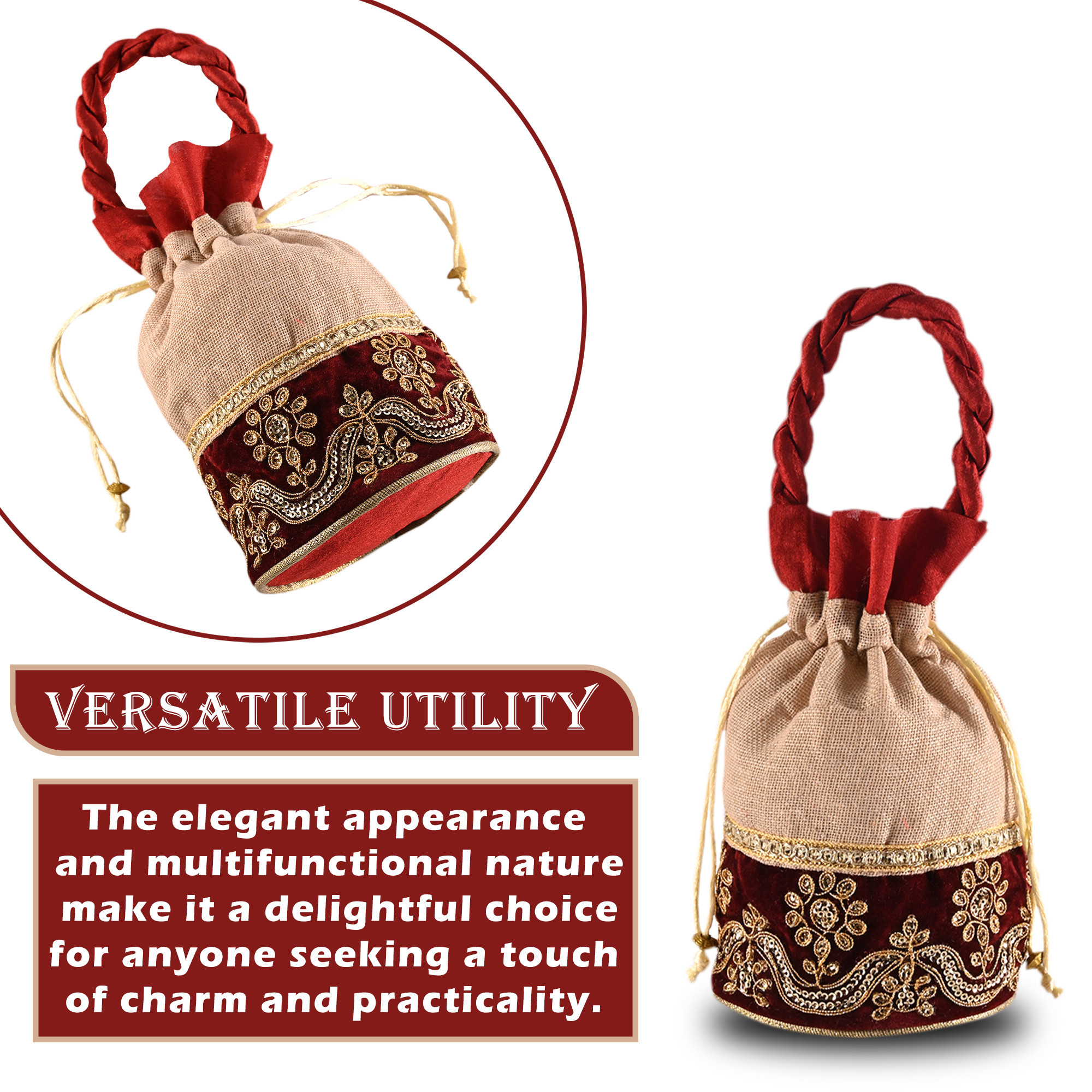 Kuber Industries Potli | Wedding Potli | Drawstring Potli with Handle | Wallet Potli | Christmas Gift Potli | Baby Shower Potli | Traditional Shagun Potli |Cream & Maroon