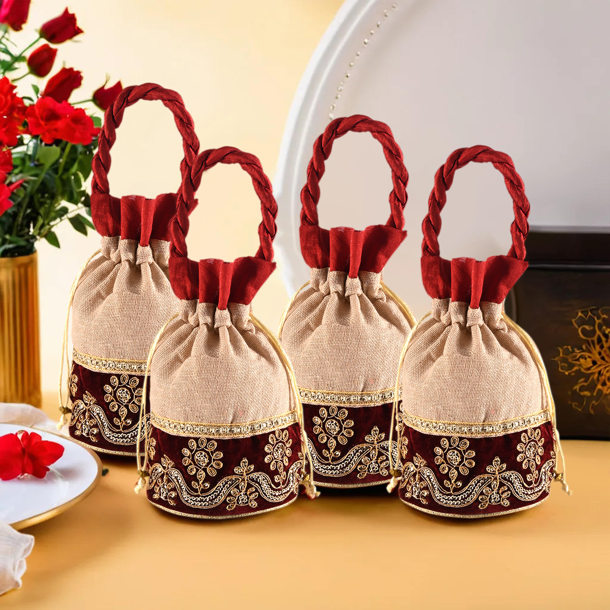 Kuber Industries Potli | Wedding Potli | Drawstring Potli with Handle | Wallet Potli | Christmas Gift Potli | Baby Shower Potli | Traditional Shagun Potli |Cream & Maroon