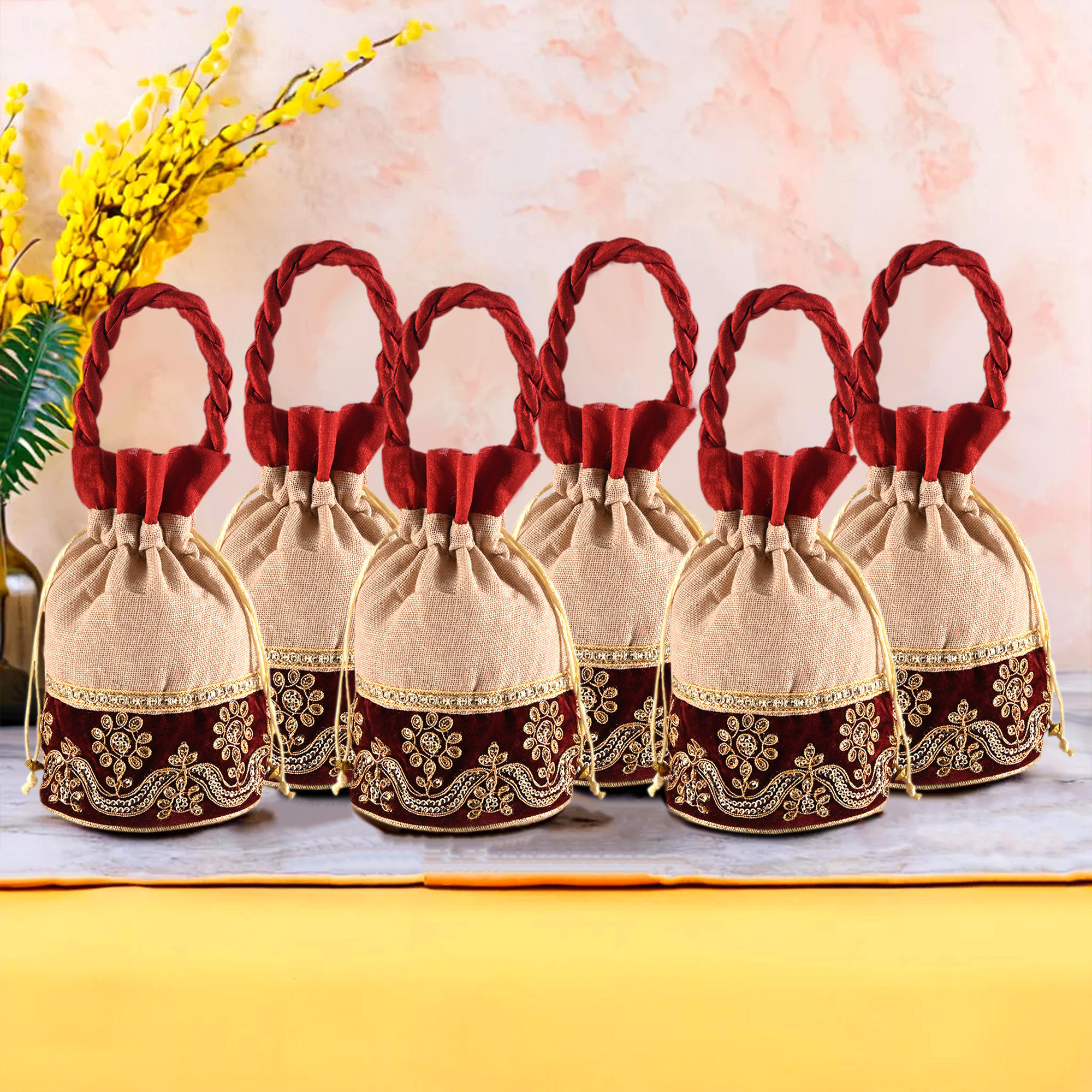 Kuber Industries Potli | Wedding Potli | Drawstring Potli with Handle | Wallet Potli | Christmas Gift Potli | Baby Shower Potli | Traditional Shagun Potli |Cream & Maroon