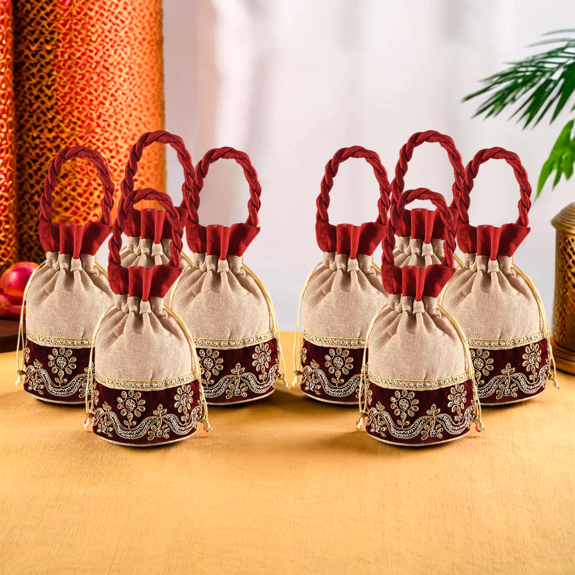 Kuber Industries Potli | Wedding Potli | Drawstring Potli with Handle | Wallet Potli | Christmas Gift Potli | Baby Shower Potli | Traditional Shagun Potli |Cream & Maroon