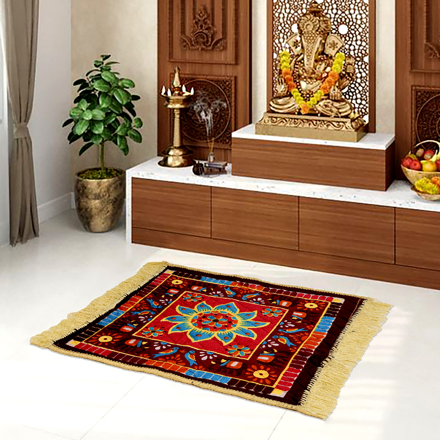 Kuber Industries Prayer Mat | Velvet Aasan Mat | Meditation Prayer Carpet Mat | Pooja Aasan Mat | Check Square Prayer Mat | Traditional Prayer Mat | Small | Multicolor