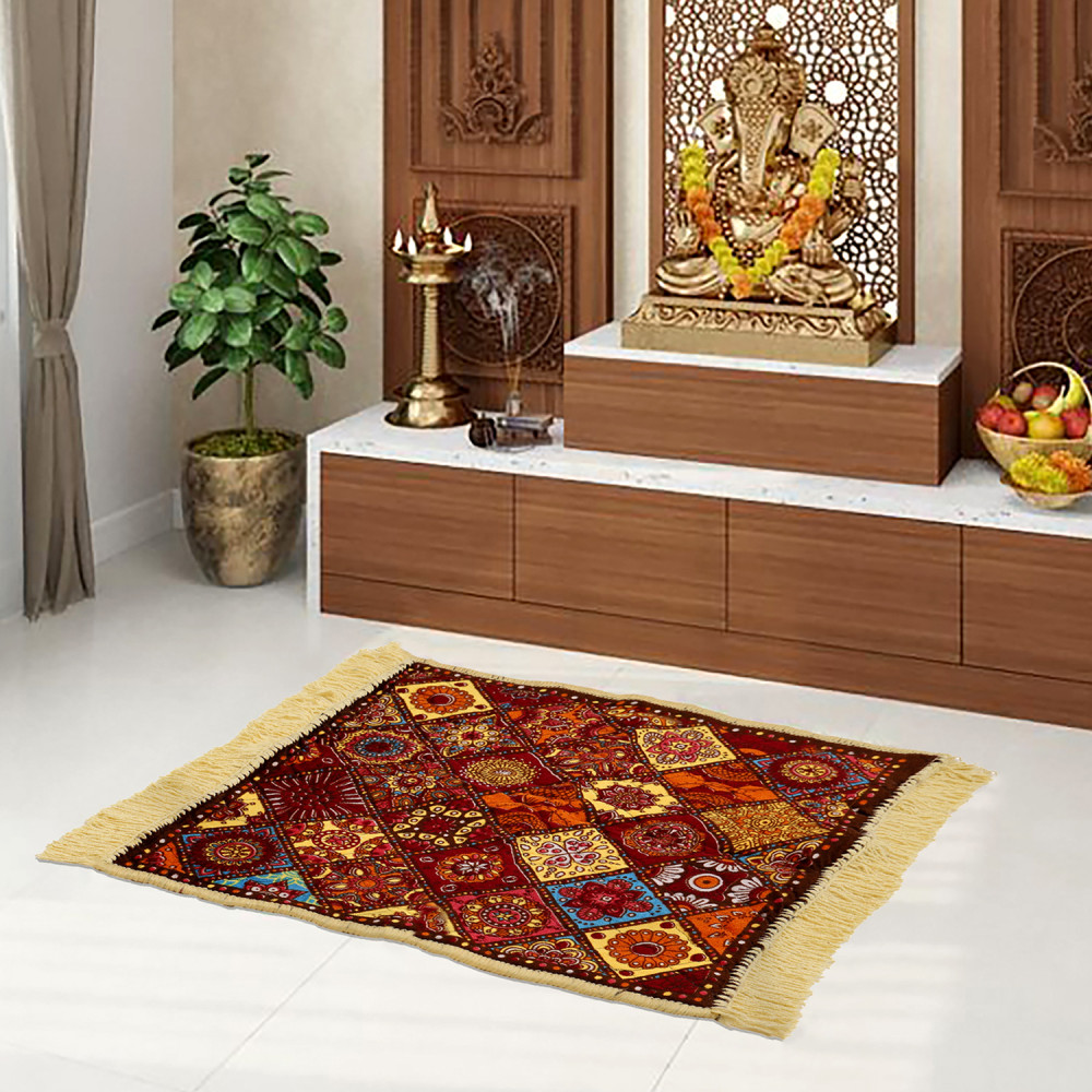 Kuber Industries Prayer Mat | Velvet Aasan Mat | Meditation Prayer Carpet Mat | Pooja Aasan Mat | Rangoli Square Prayer Mat | Traditional Prayer Mat | Small | Multicolor