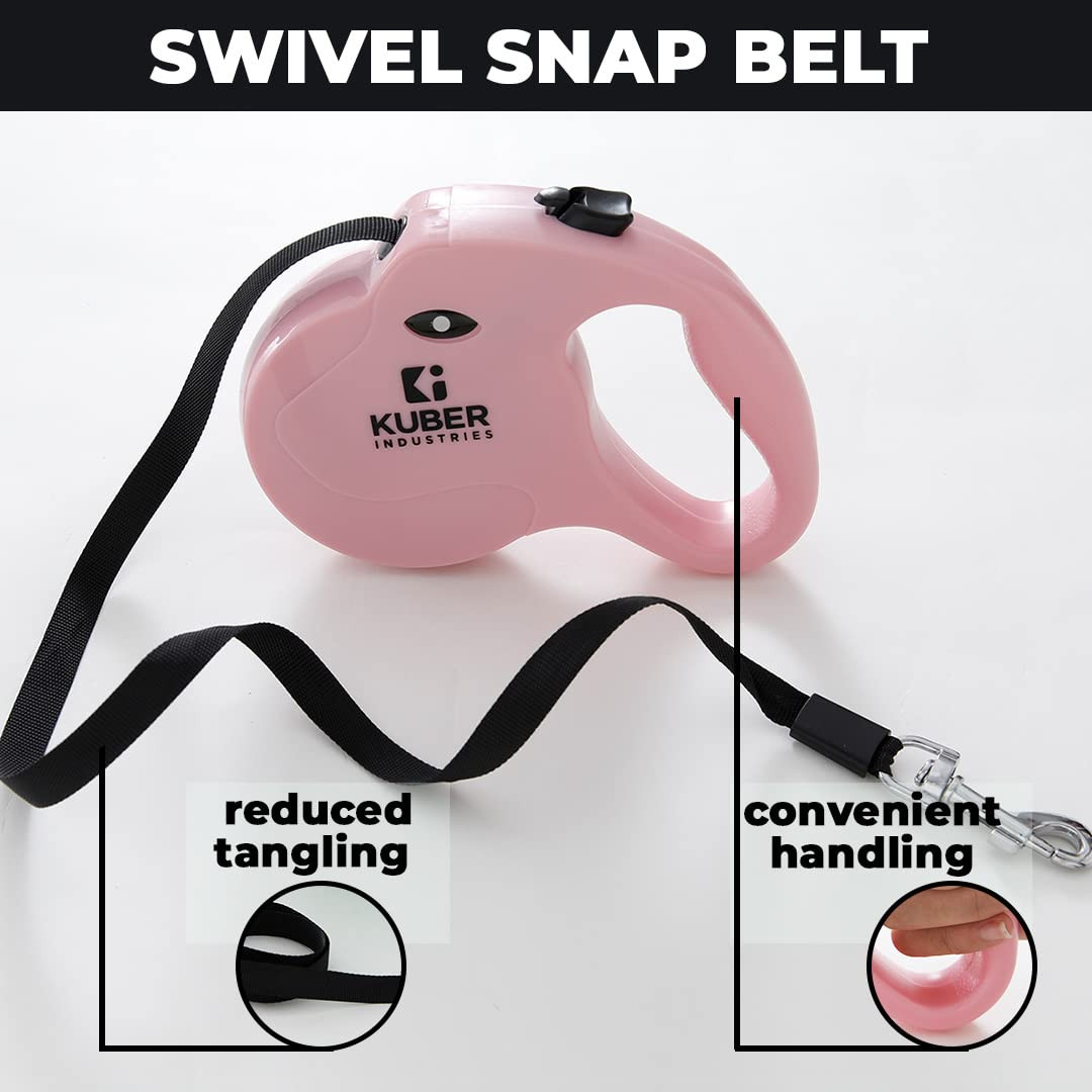 Kuber Industries Retractable Dog for Walking Jogging Training Leash for Small & Medium Dogs with Polyester Tape with Hand Grip and One Button Brake & Lock - Pink
