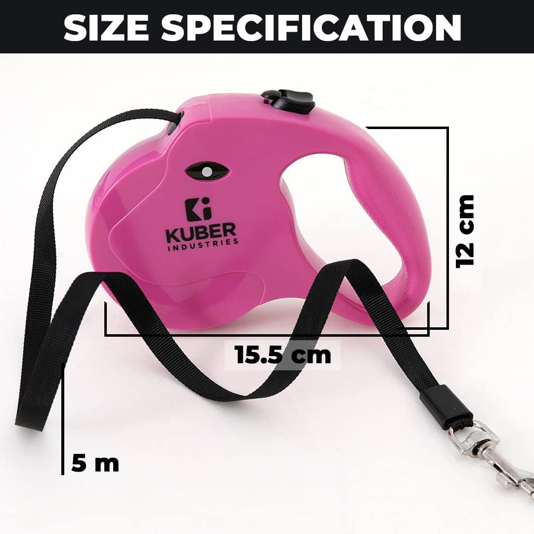 Kuber Industries Retractable Dog for Walking Jogging Training Leash for Small & Medium Dogs with Polyester Tape with Hand Grip and One Button Brake & Lock - Rose Red